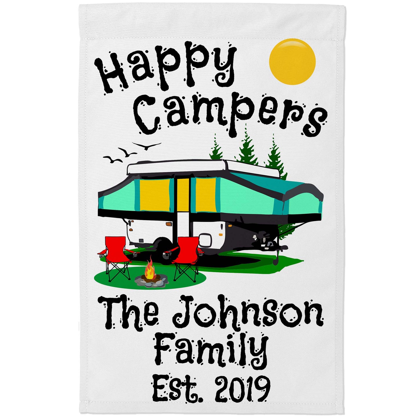 Happy Campers Personalized Camping Flag With Pop Up Camper on White Fabric
