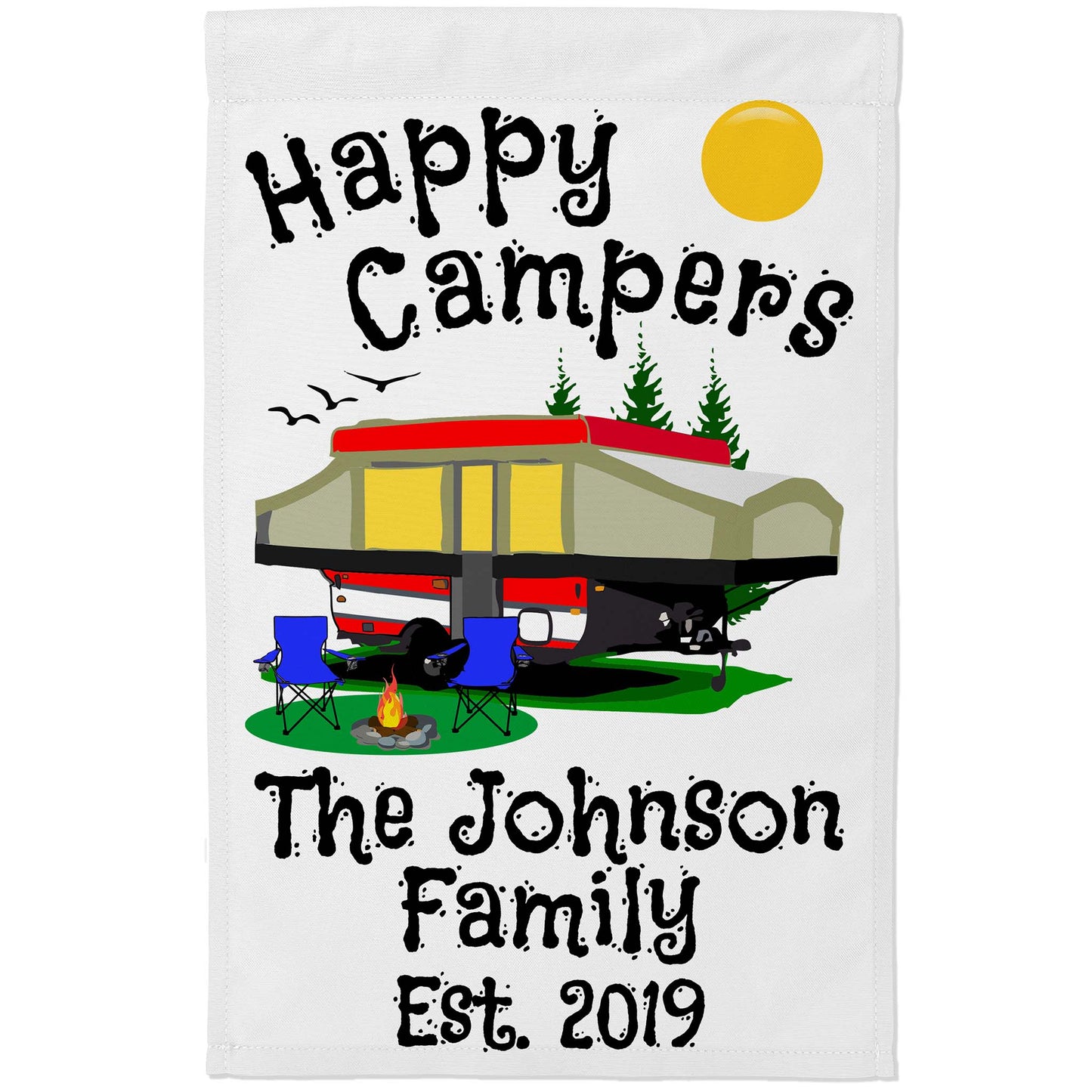 Happy Campers Personalized Camping Flag With Pop Up Camper on White Fabric