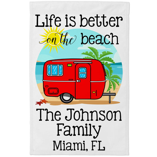 Life is Better on The Beach Personalized Camping Flag with Vintage Travel Trailer