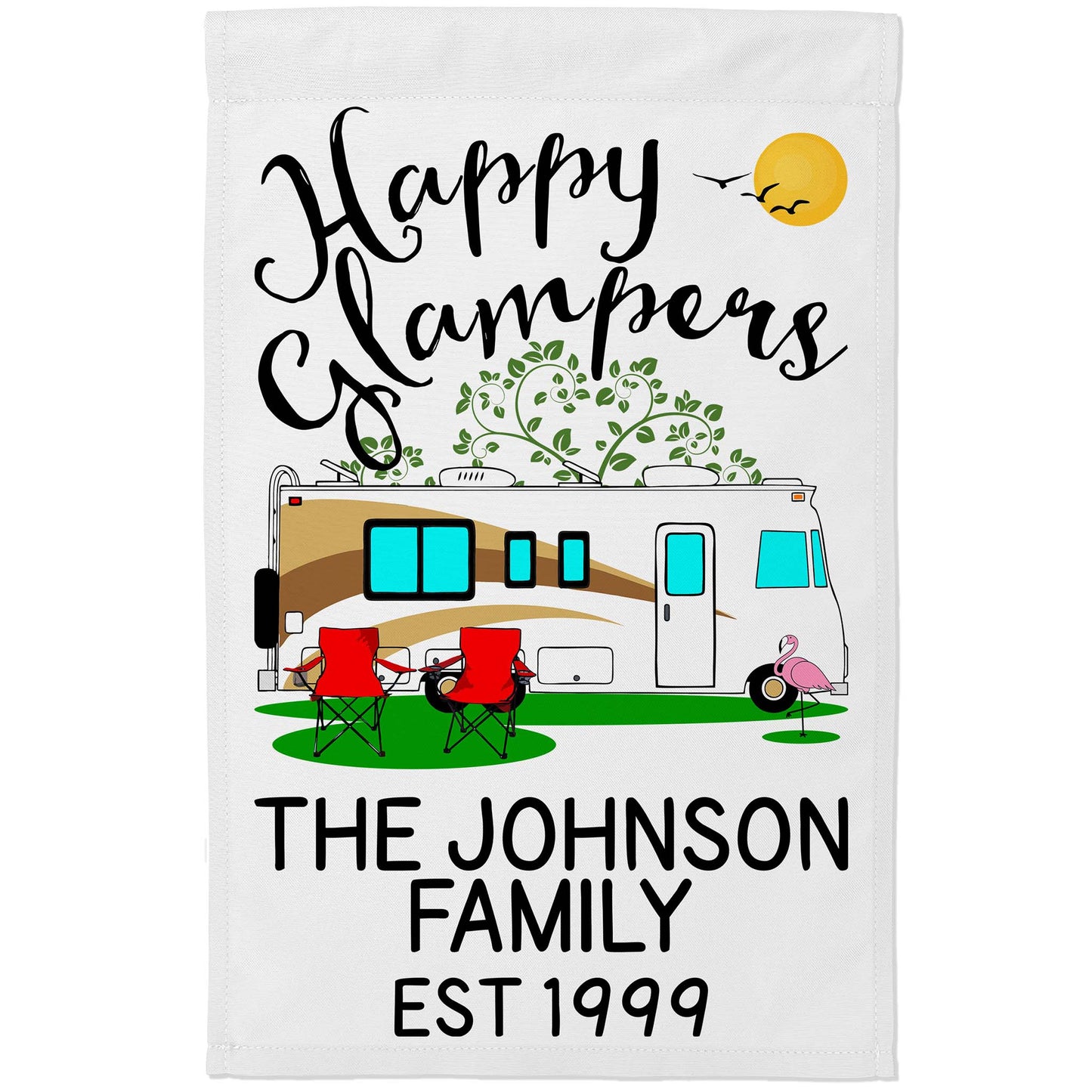 Happy Glampers Personalized Camping Flag with Class A Motorhome