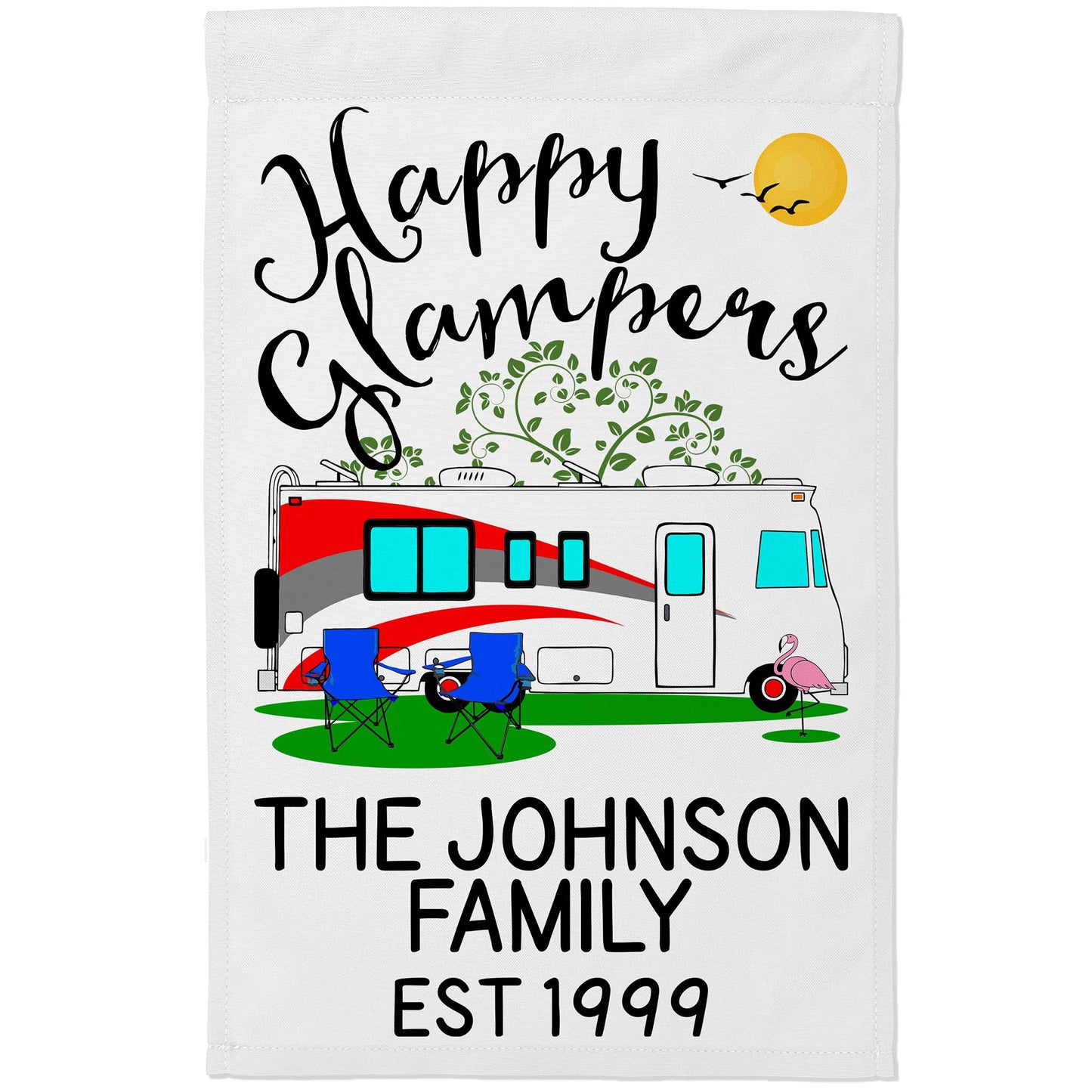 Happy Glampers Personalized Camping Flag with Class A Motorhome