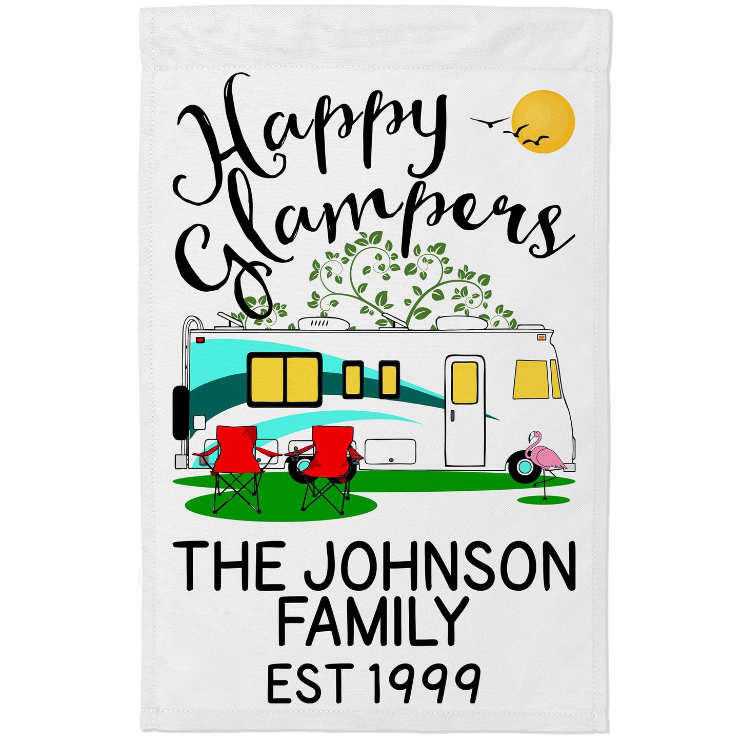 Happy Glampers Personalized Camping Flag with Class A Motorhome