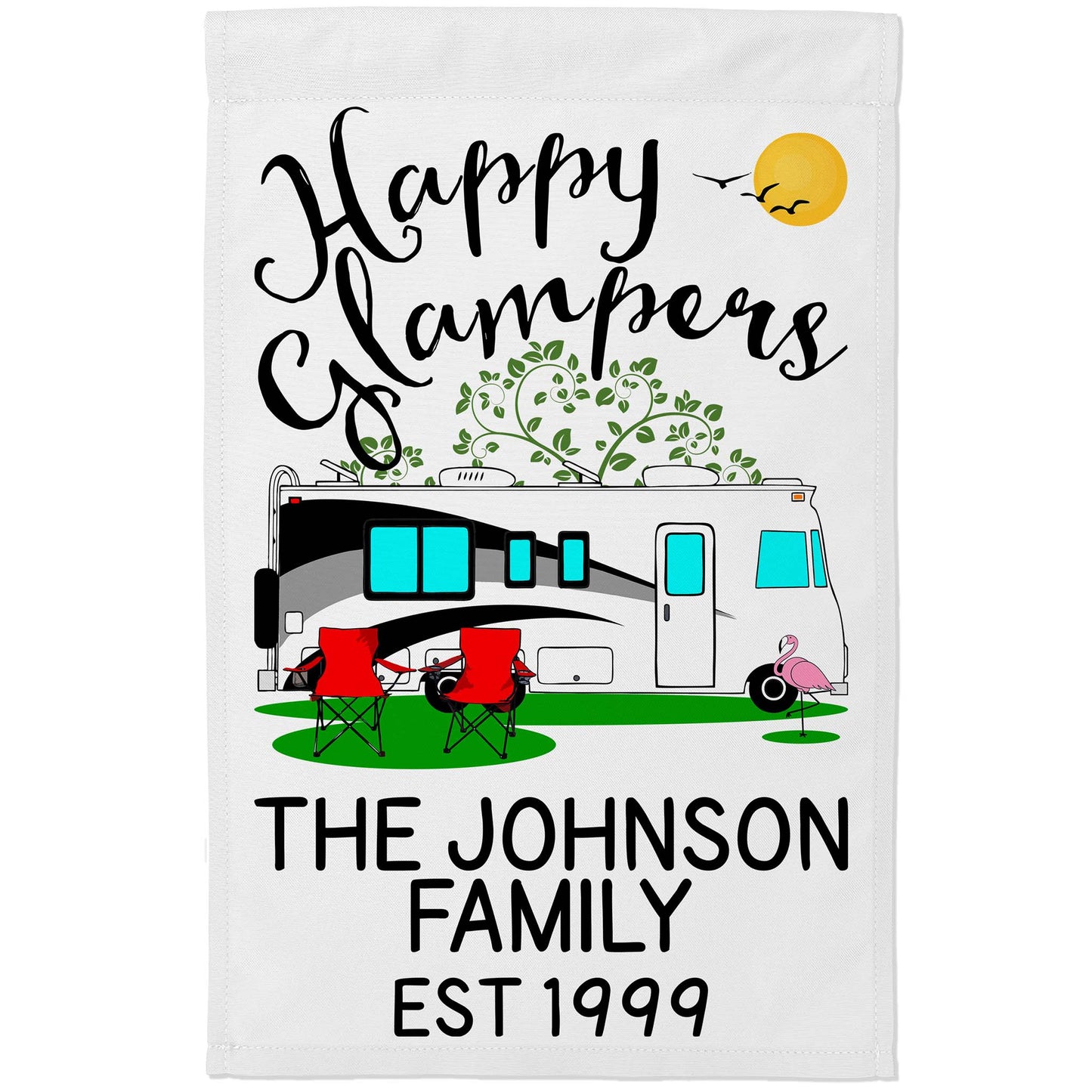 Happy Glampers Personalized Camping Flag with Class A Motorhome
