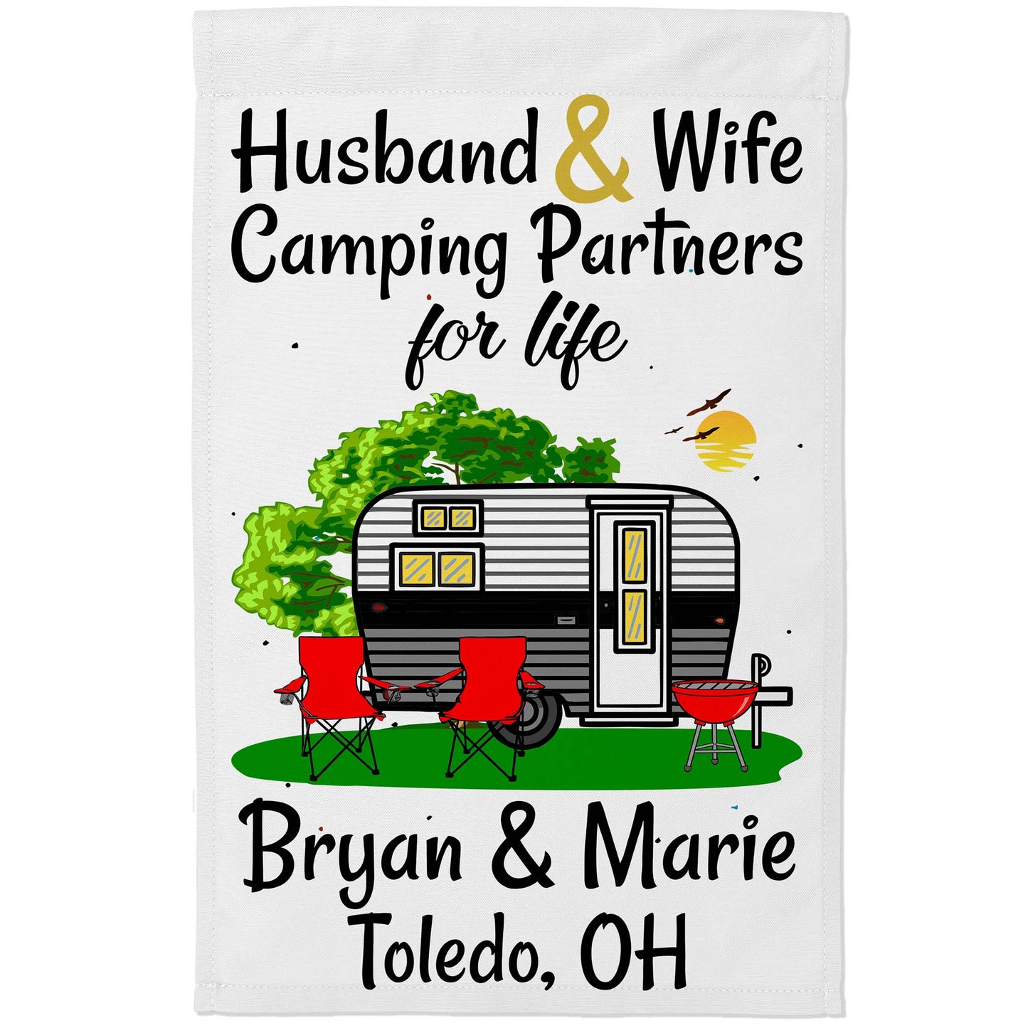 Husband & Wife Camping Partners for Life Personalized Camping Flag with Travel Trailer