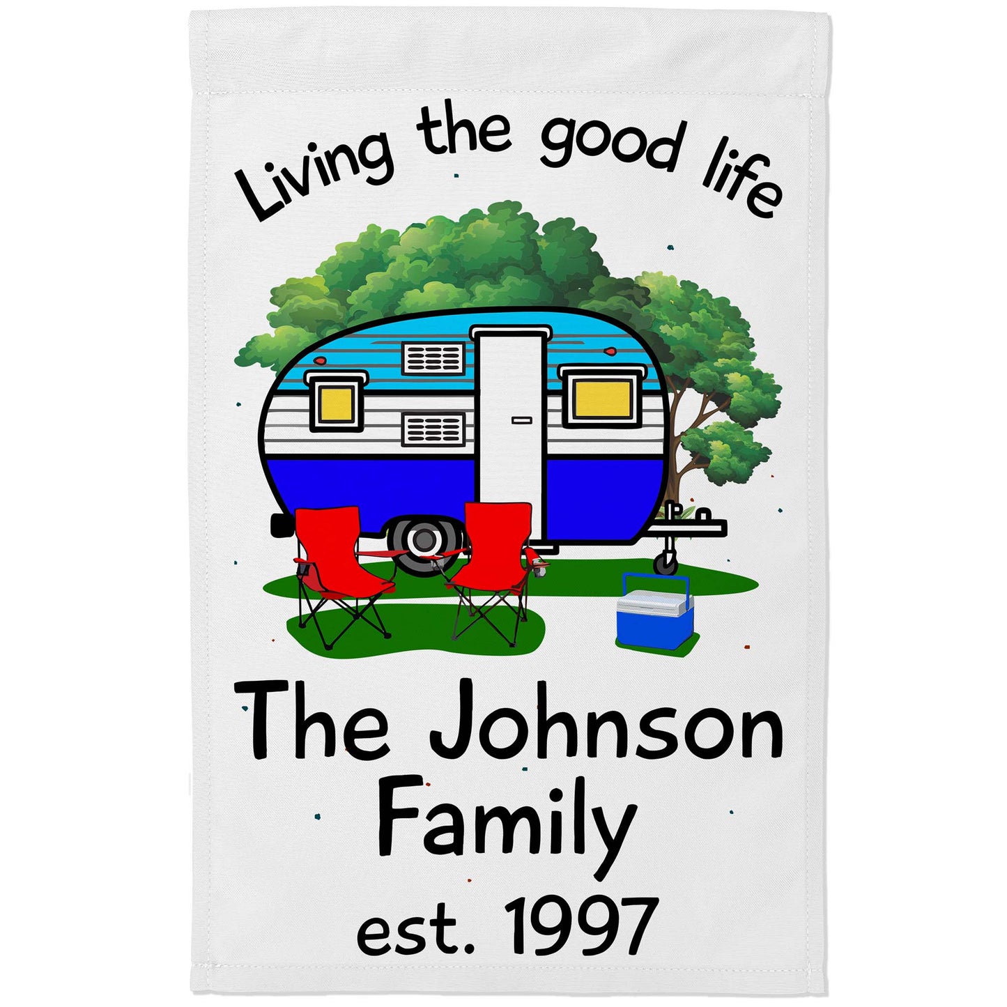 Living The Good Life Personalized Camping Flag with Retro Trailer