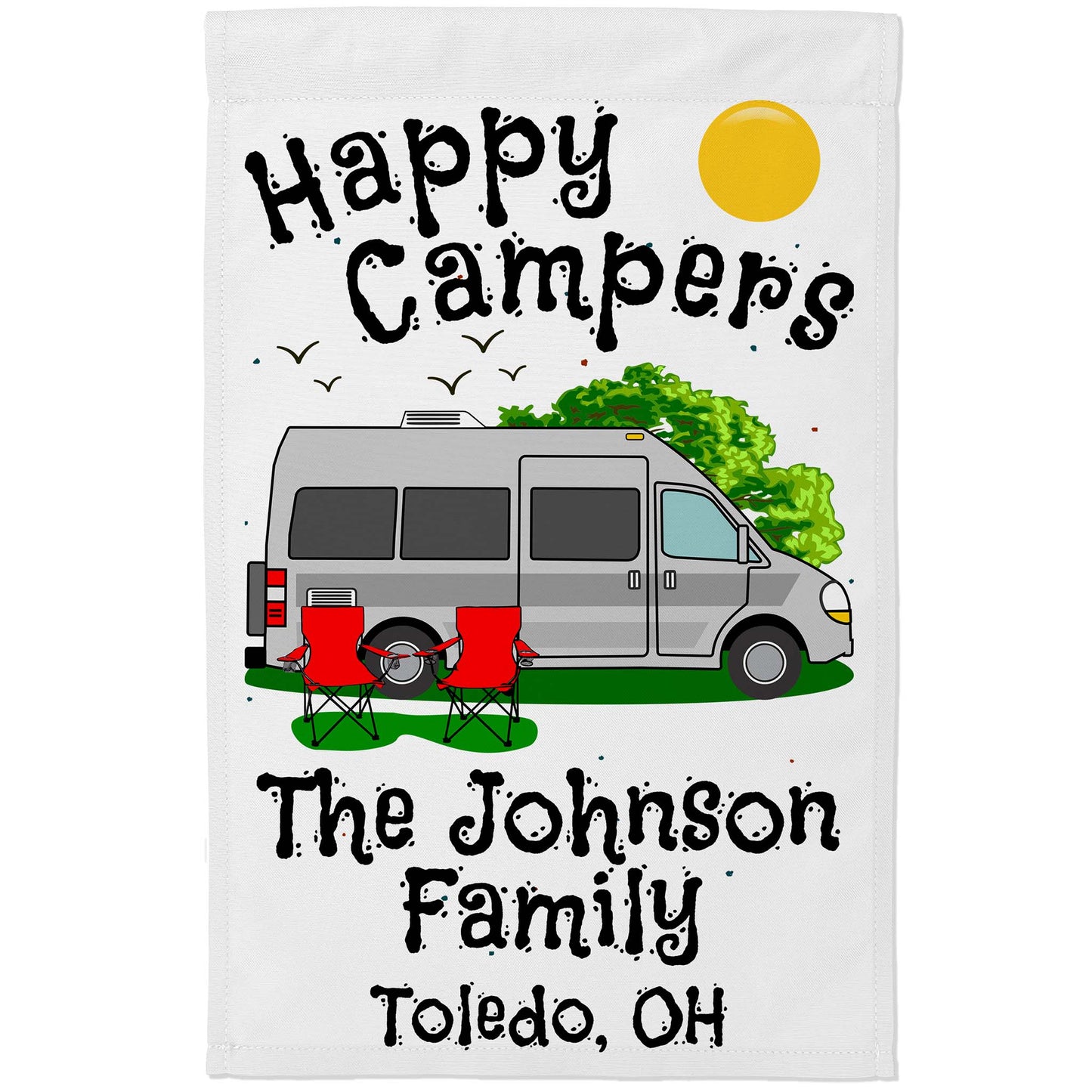 Happy Campers Personalized Camping Flag with Class B Camper Van Motorhome on White Fabric