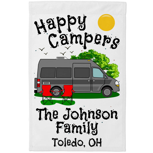 Happy Campers Personalized Camping Flag with Class B Camper Van Motorhome on White Fabric