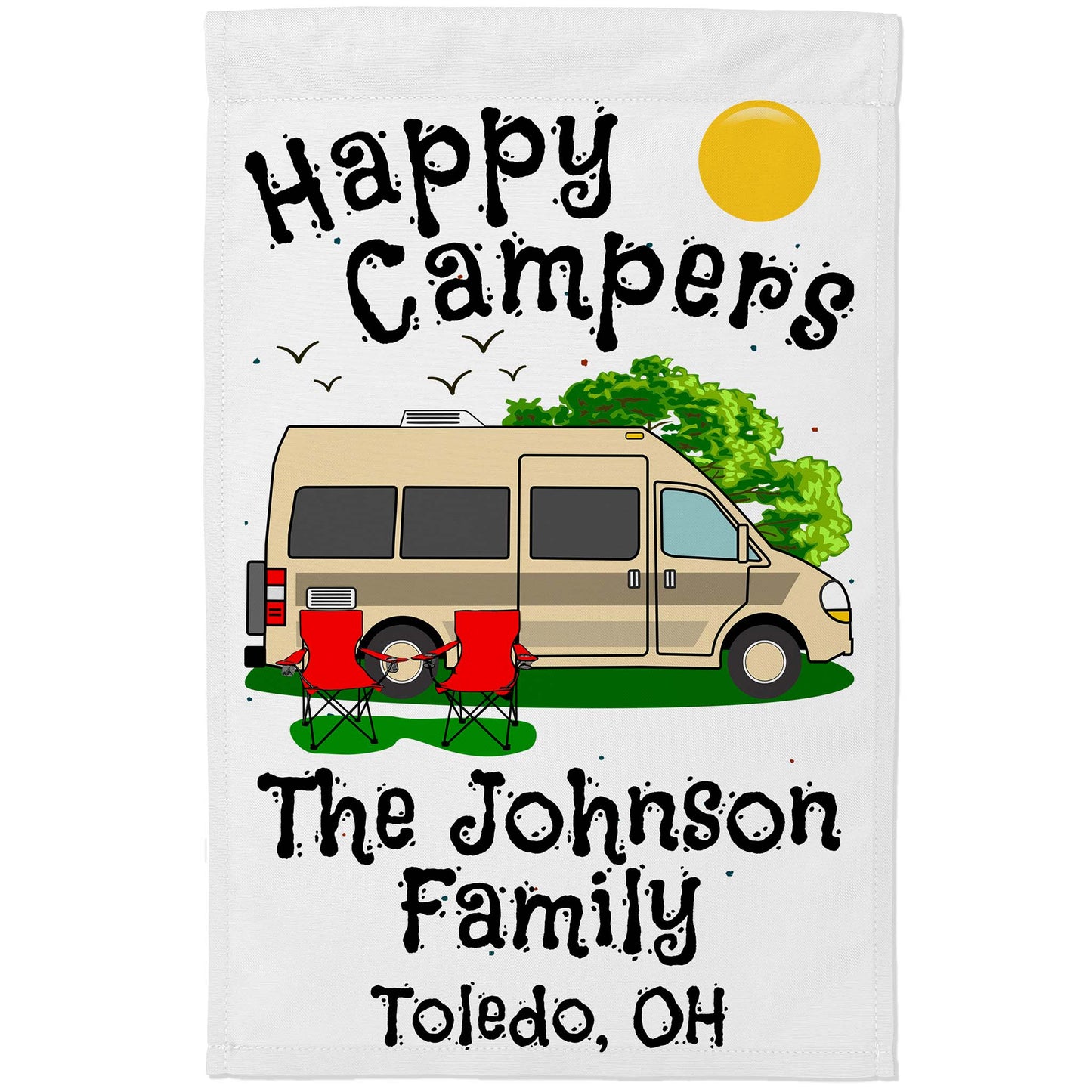 Happy Campers Personalized Camping Flag with Class B Camper Van Motorhome on White Fabric
