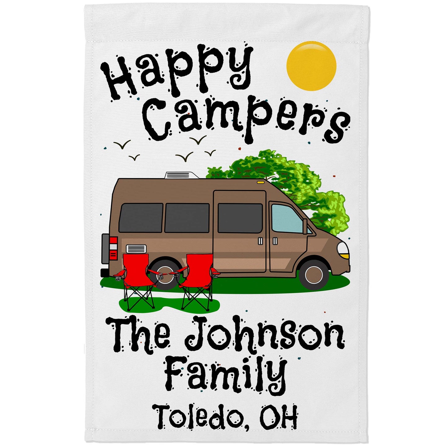 Happy Campers Personalized Camping Flag with Class B Camper Van Motorhome on White Fabric