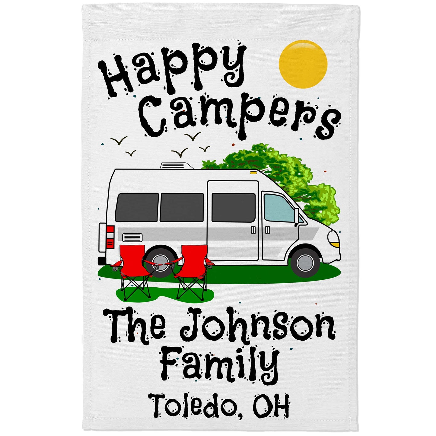 Happy Campers Personalized Camping Flag with Class B Camper Van Motorhome on White Fabric