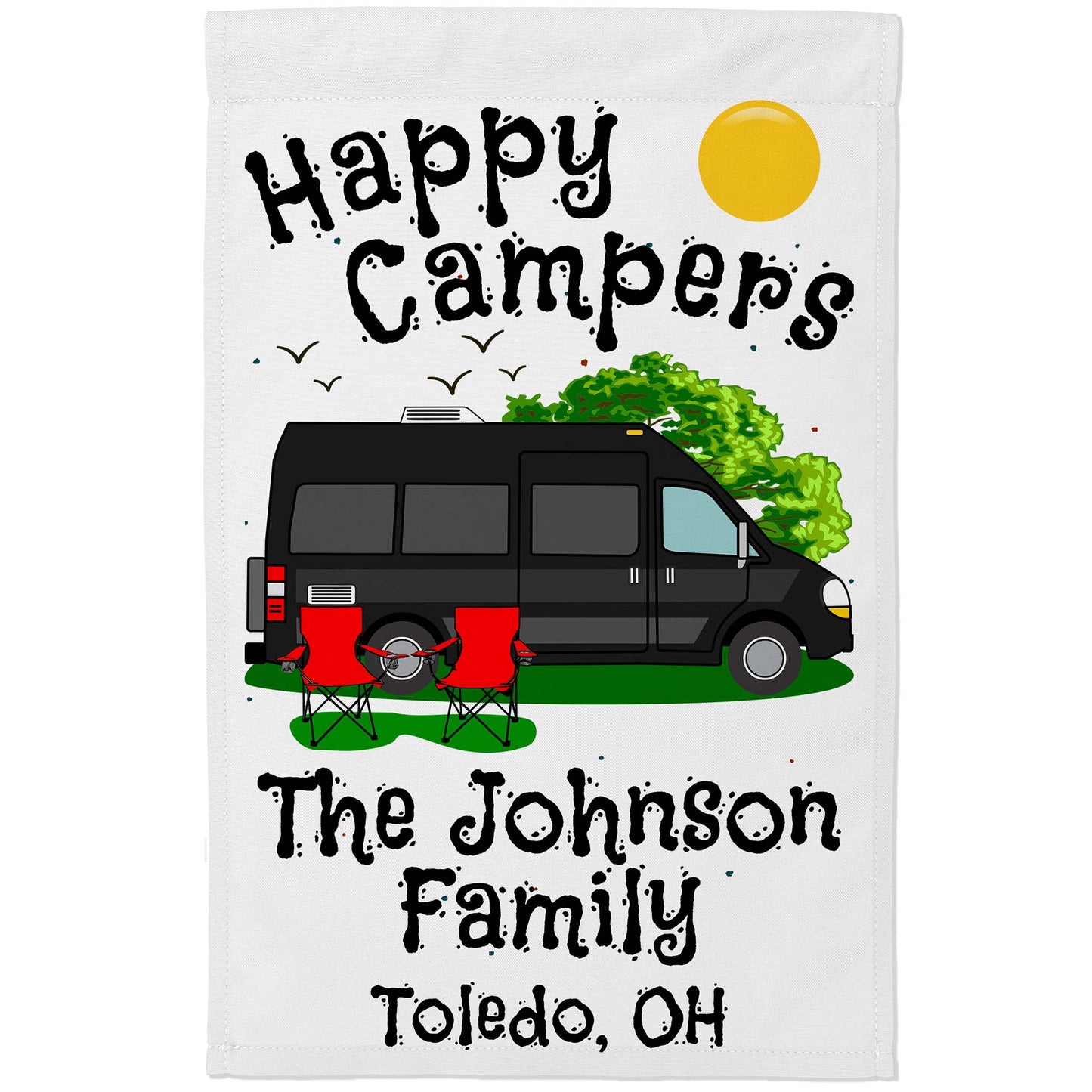 Happy Campers Personalized Camping Flag with Class B Camper Van Motorhome on White Fabric