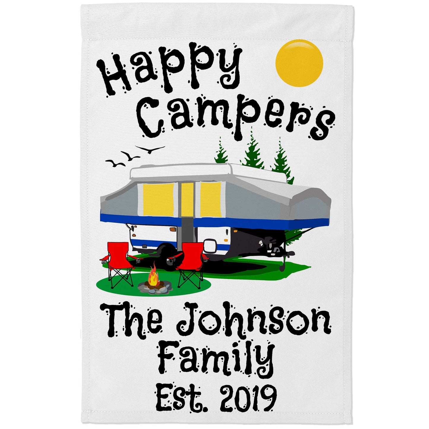 Happy Campers Personalized Camping Flag With Pop Up Camper on White Fabric