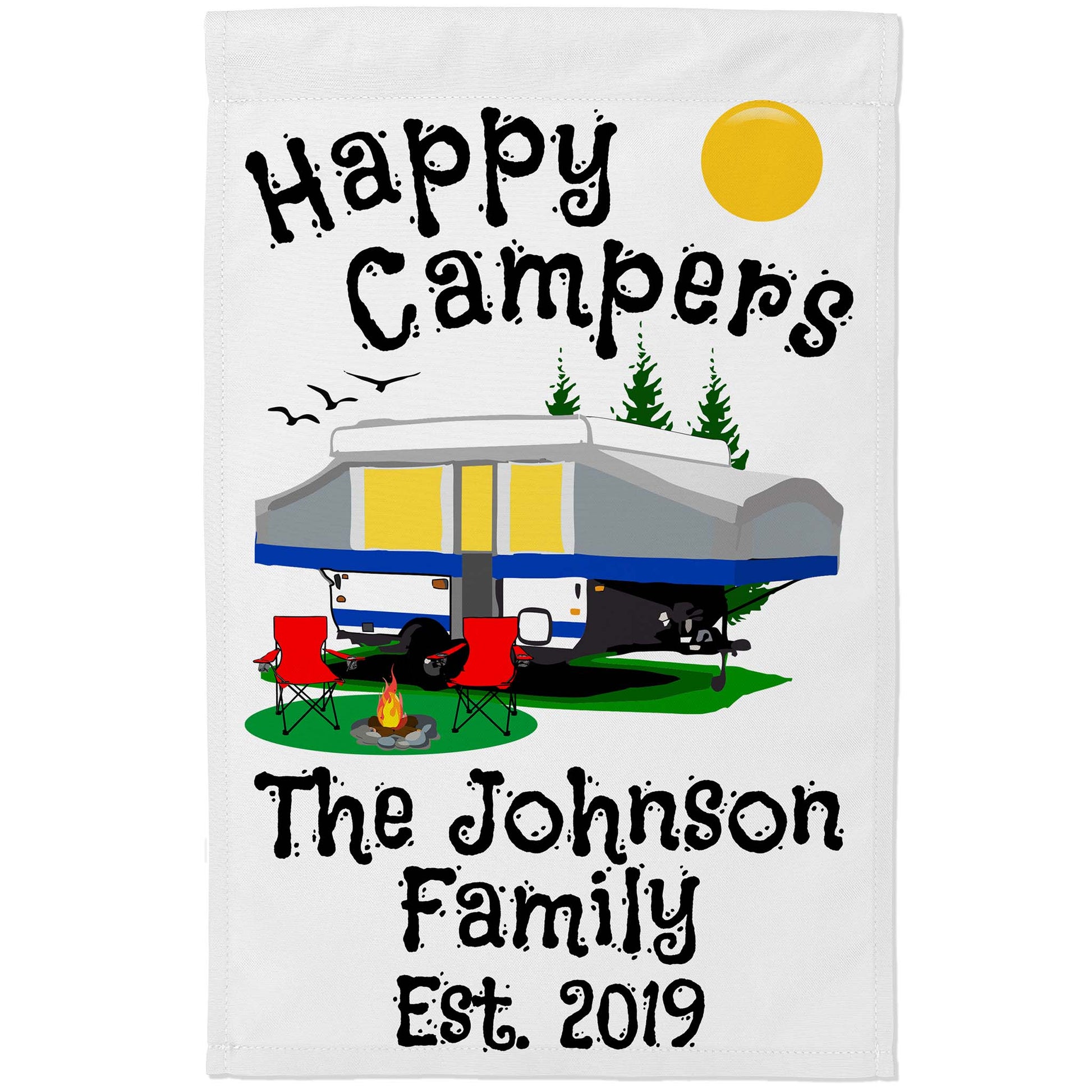 Happy Campers Personalized Camping Flag With Pop Up Camper on White Fabric