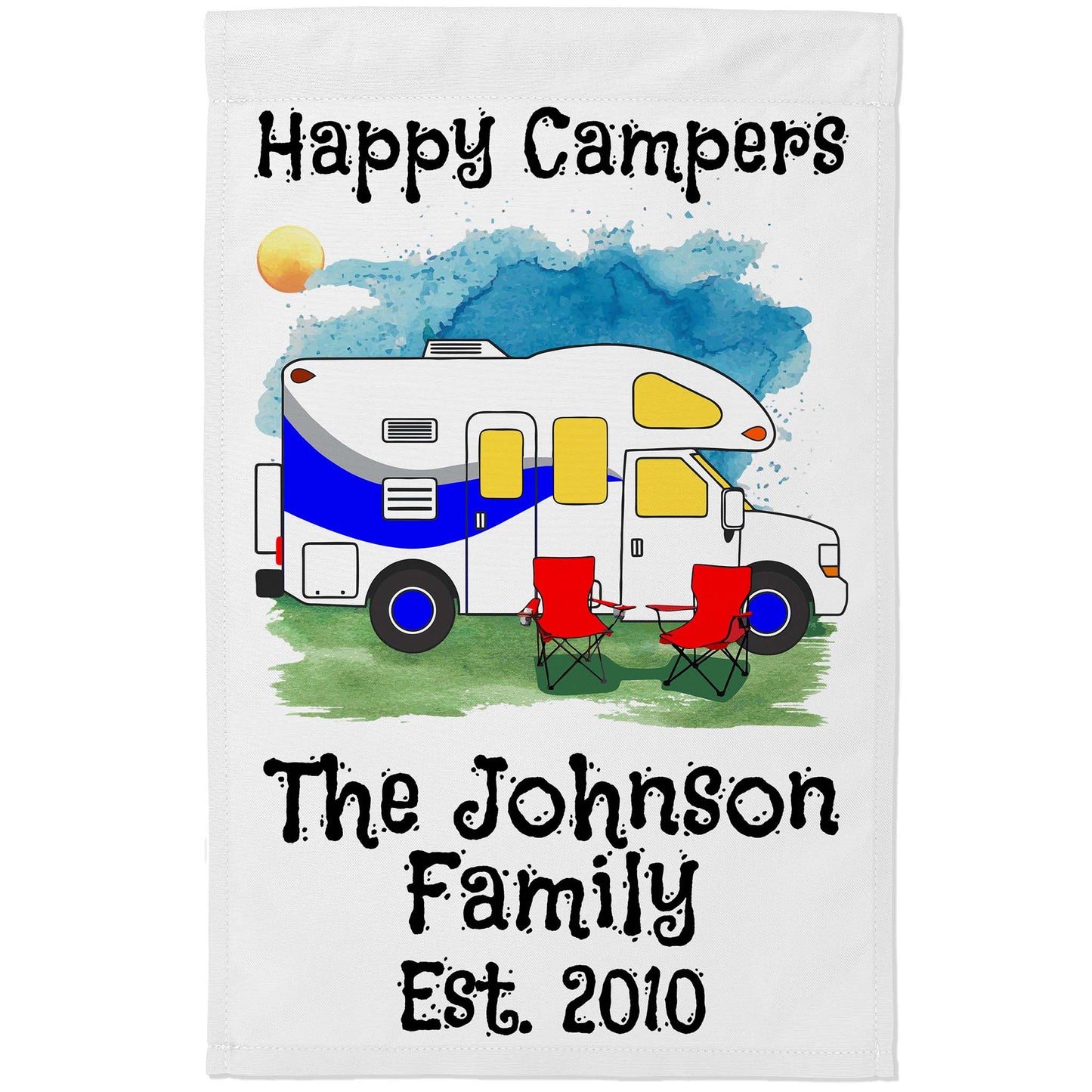 Happy Campers Personalized Water Color Camping Flag with Class C Motorhome