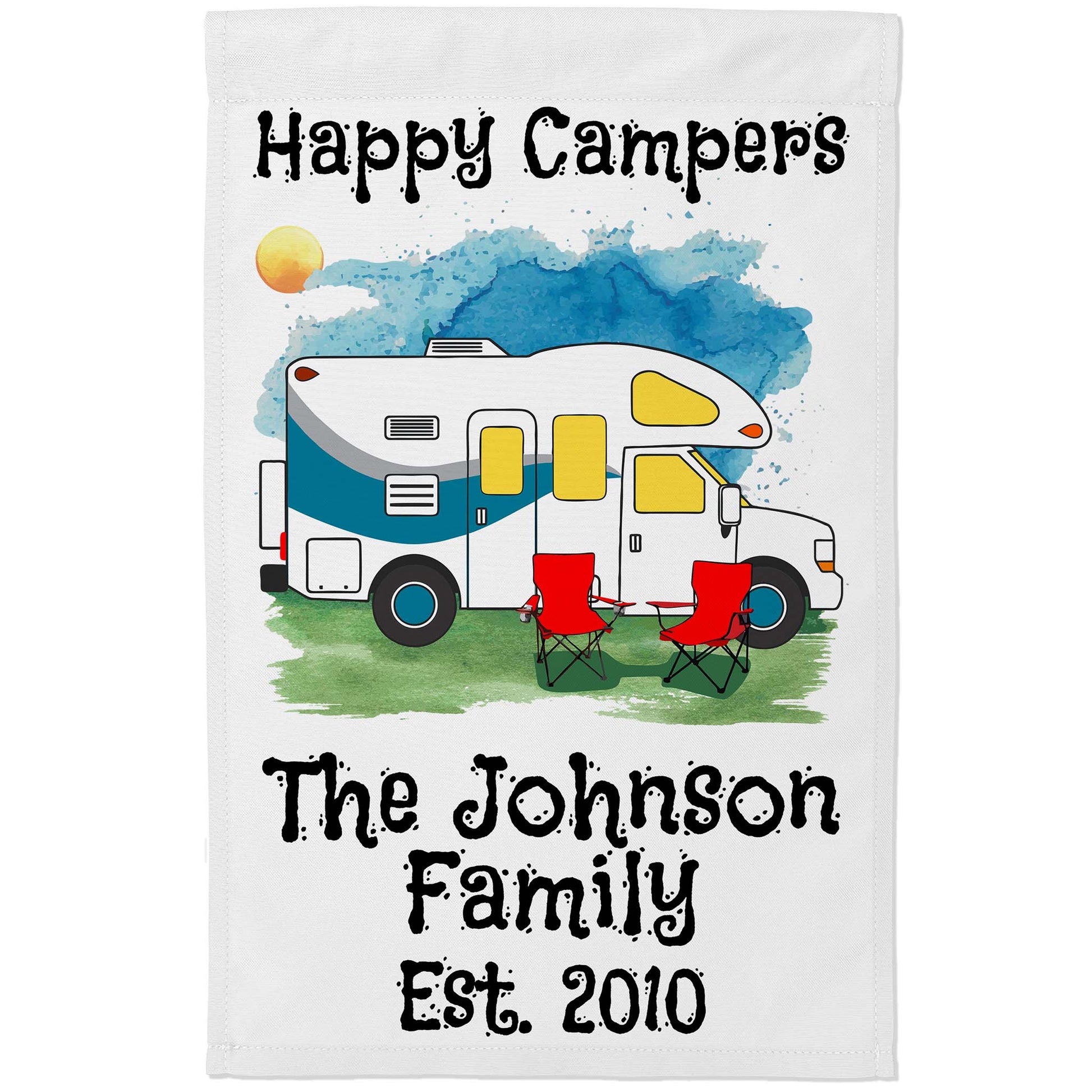 Happy Campers Personalized Water Color Camping Flag with Class C Motorhome