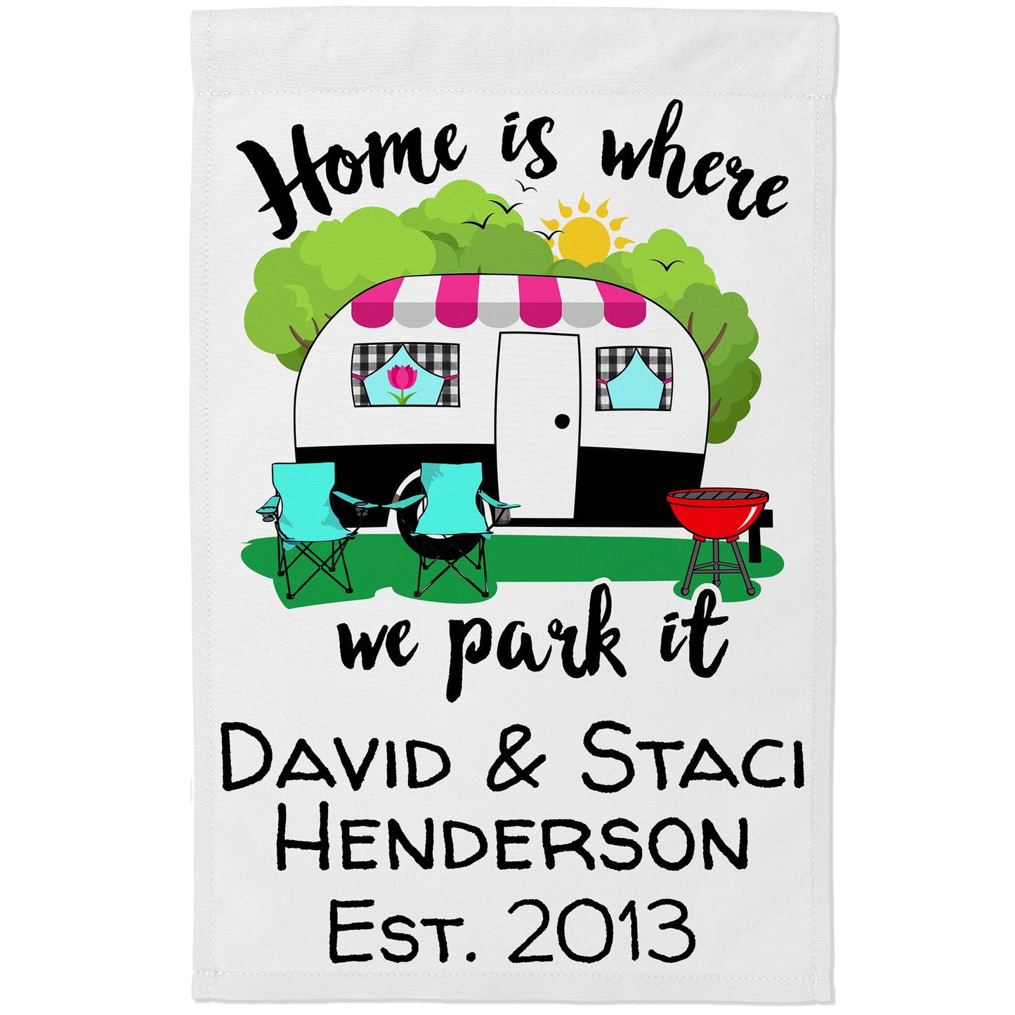 Home is Where We Park It Personalized Camping Flag with Vintage Camper