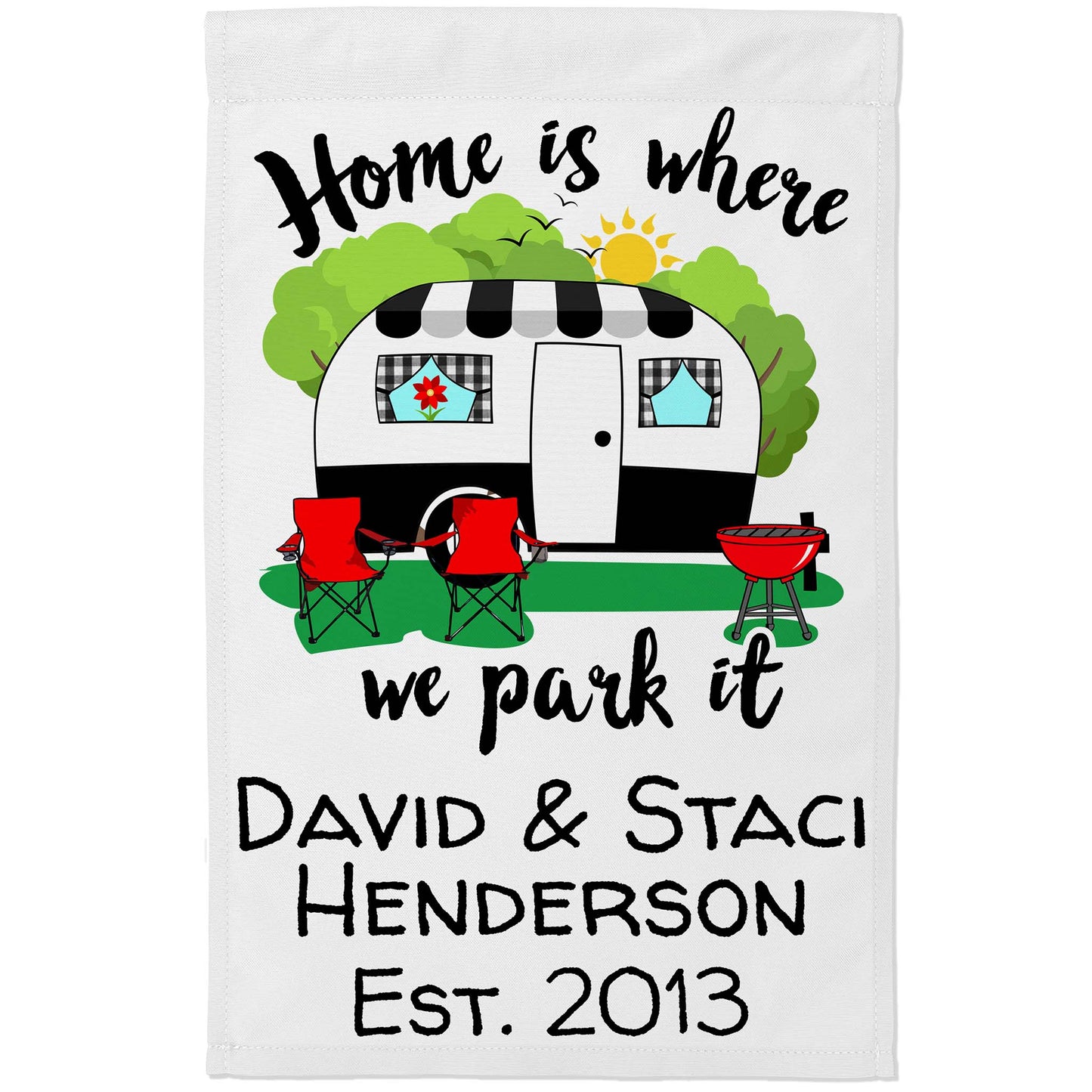 Home is Where We Park It Personalized Camping Flag with Vintage Camper