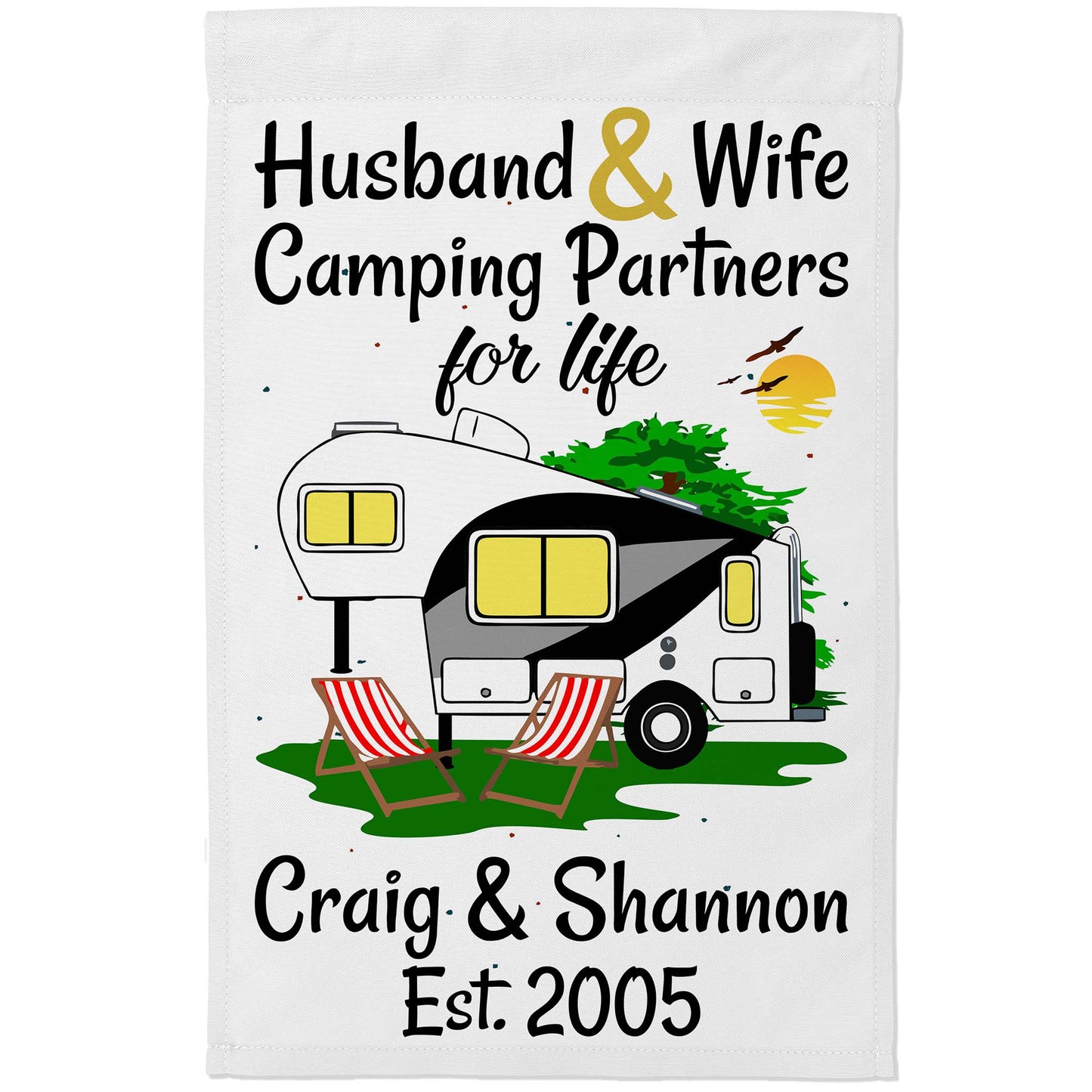 Husband & Wife Camping Partners for Life Personalized Camping Flag with 5th Wheel