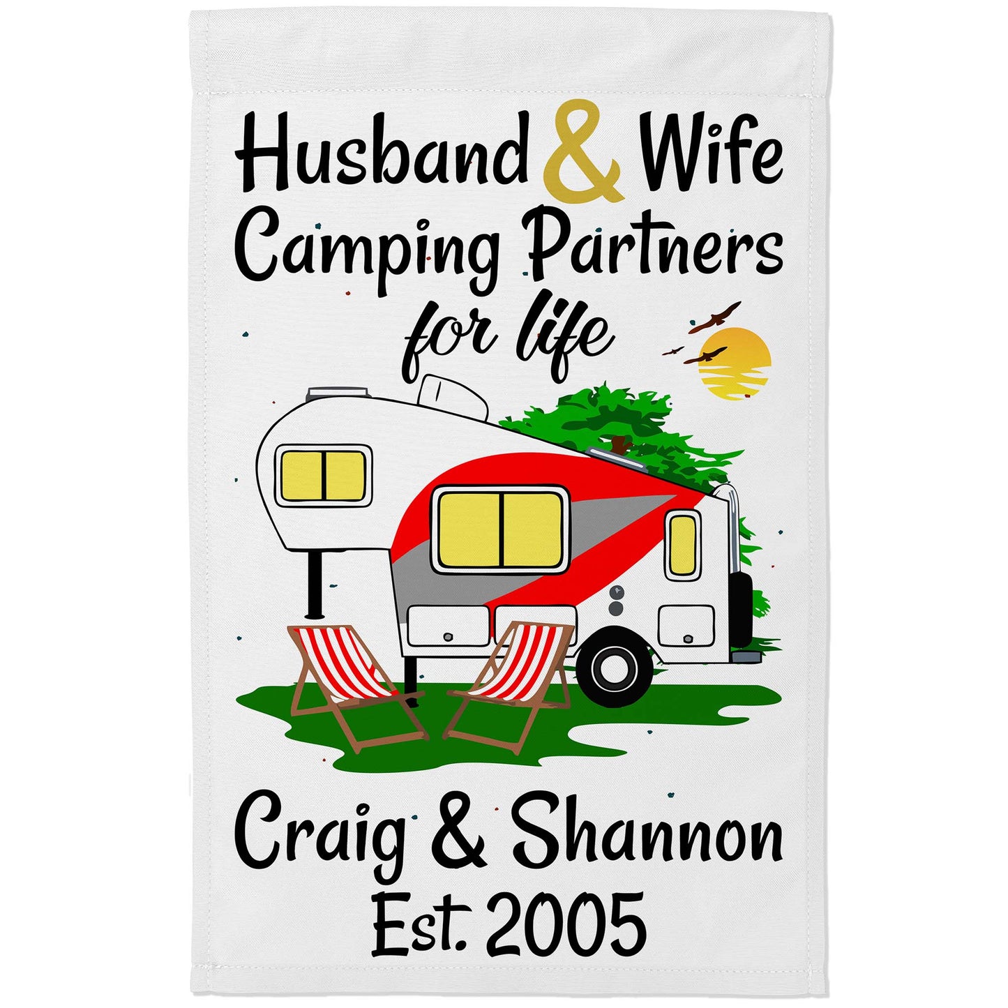 Husband & Wife Camping Partners for Life Personalized Camping Flag with 5th Wheel