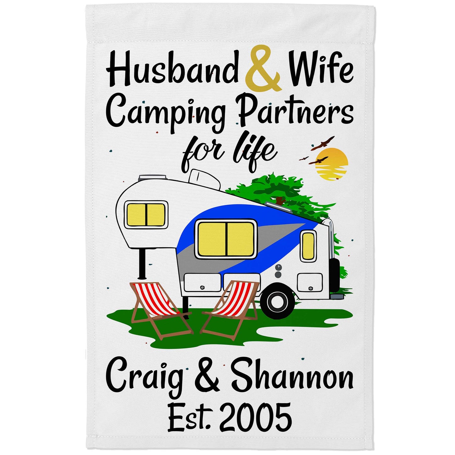Husband & Wife Camping Partners for Life Personalized Camping Flag with 5th Wheel