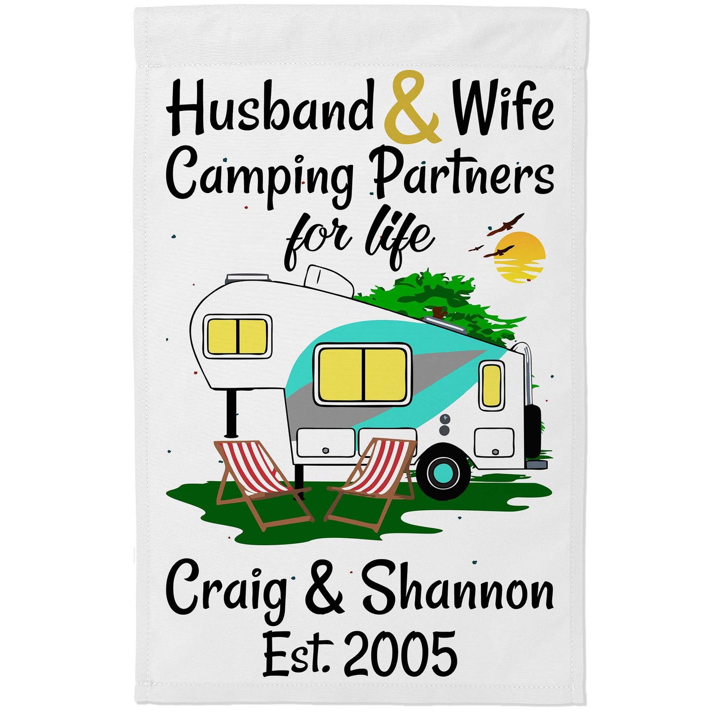Husband & Wife Camping Partners for Life Personalized Camping Flag with 5th Wheel