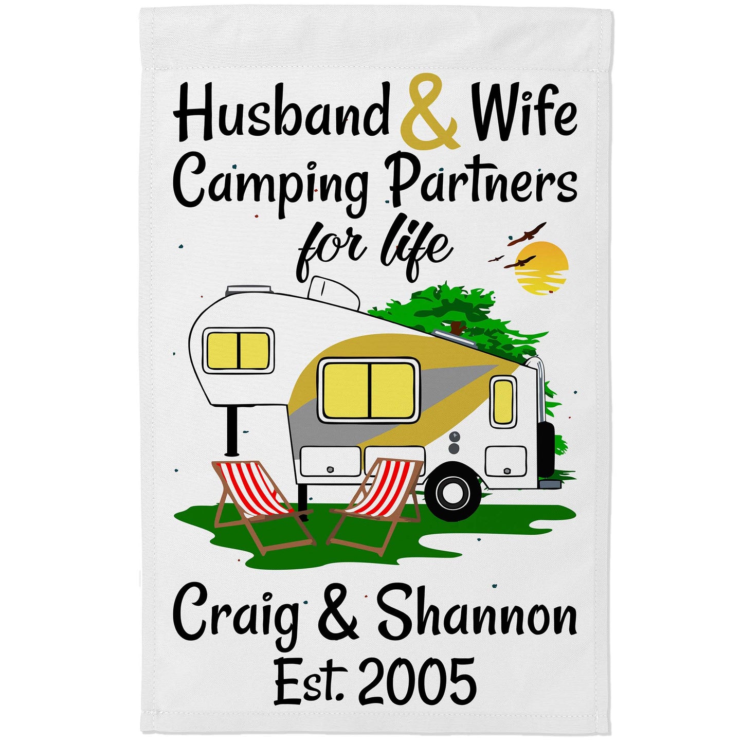 Husband & Wife Camping Partners for Life Personalized Camping Flag with 5th Wheel