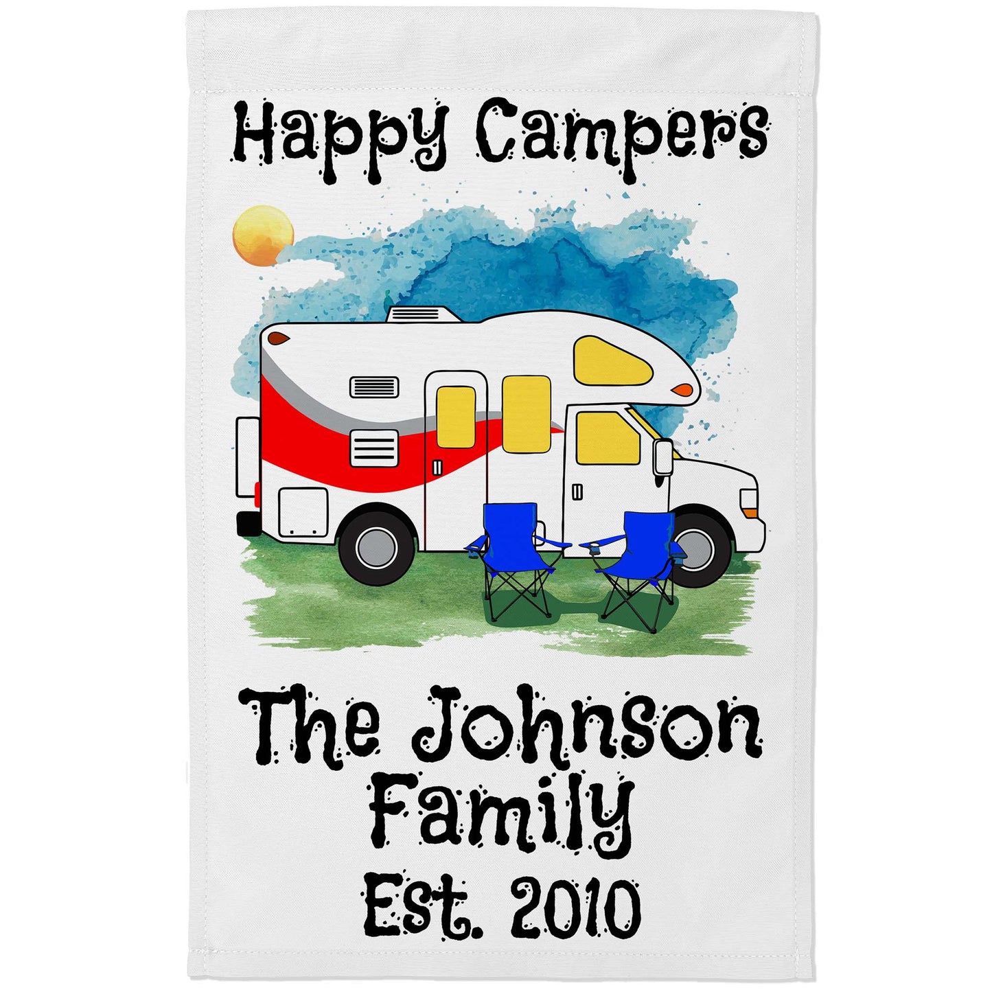 Happy Campers Personalized Water Color Camping Flag with Class C Motorhome