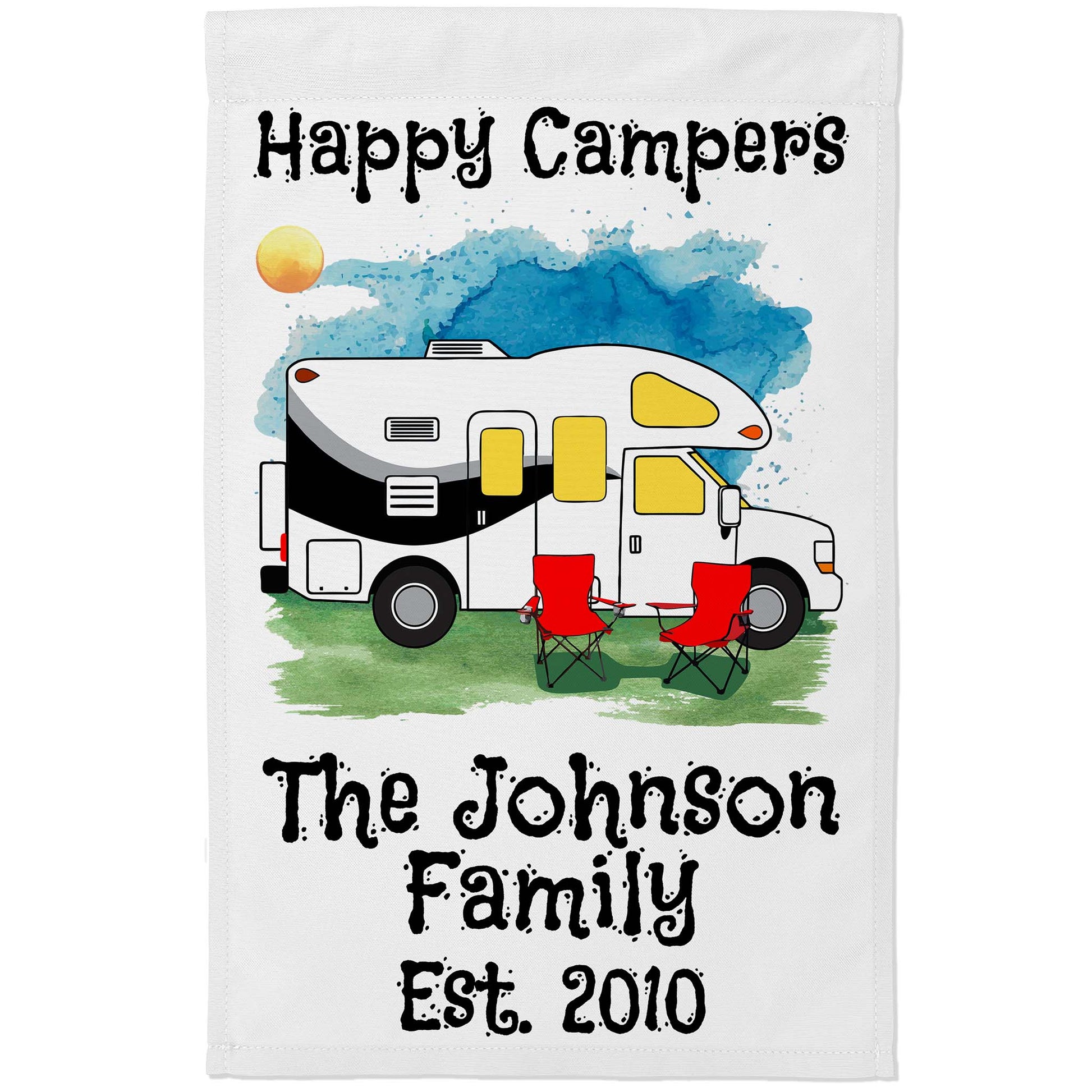 Happy Campers Personalized Water Color Camping Flag with Class C Motorhome