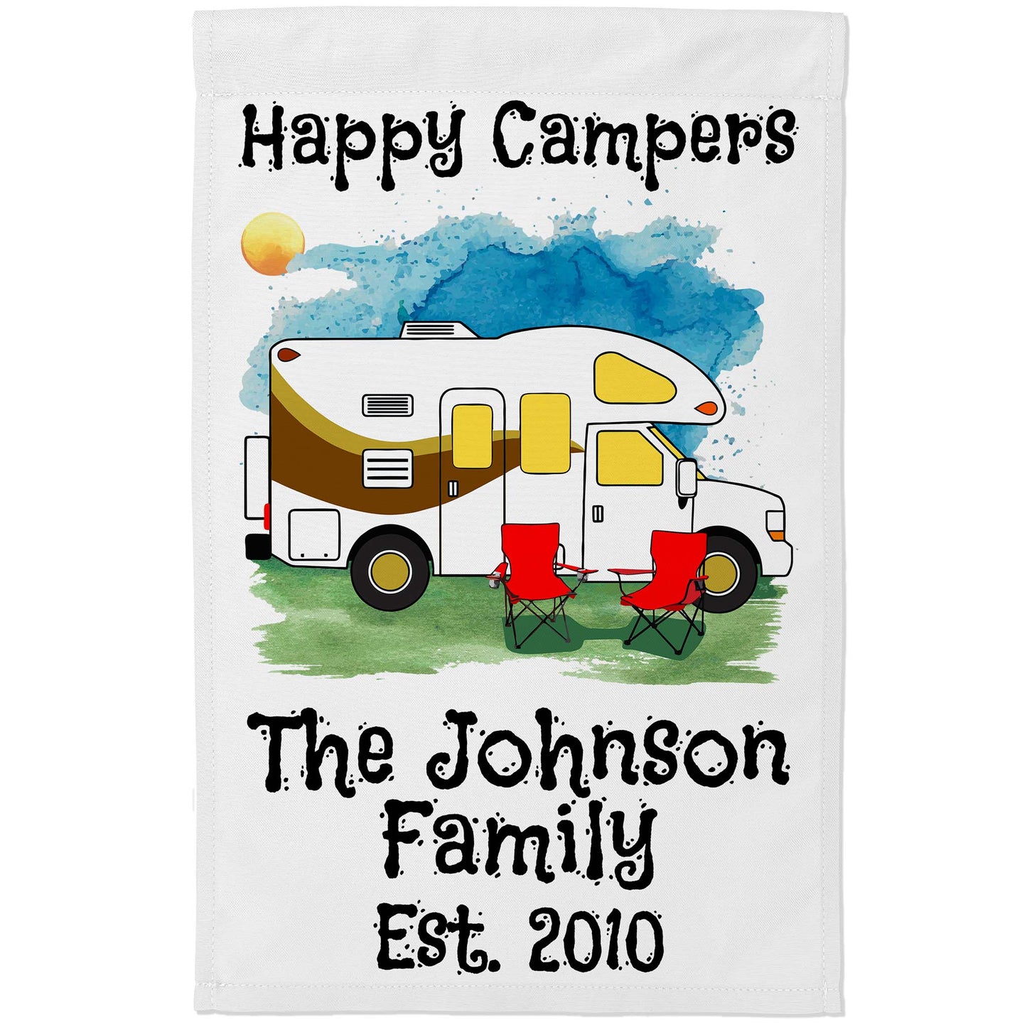Happy Campers Personalized Water Color Camping Flag with Class C Motorhome