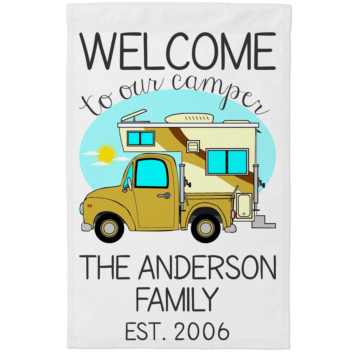 Welcome to Our Camper Personalized Camping Flag with Truck and Camper White Fabric