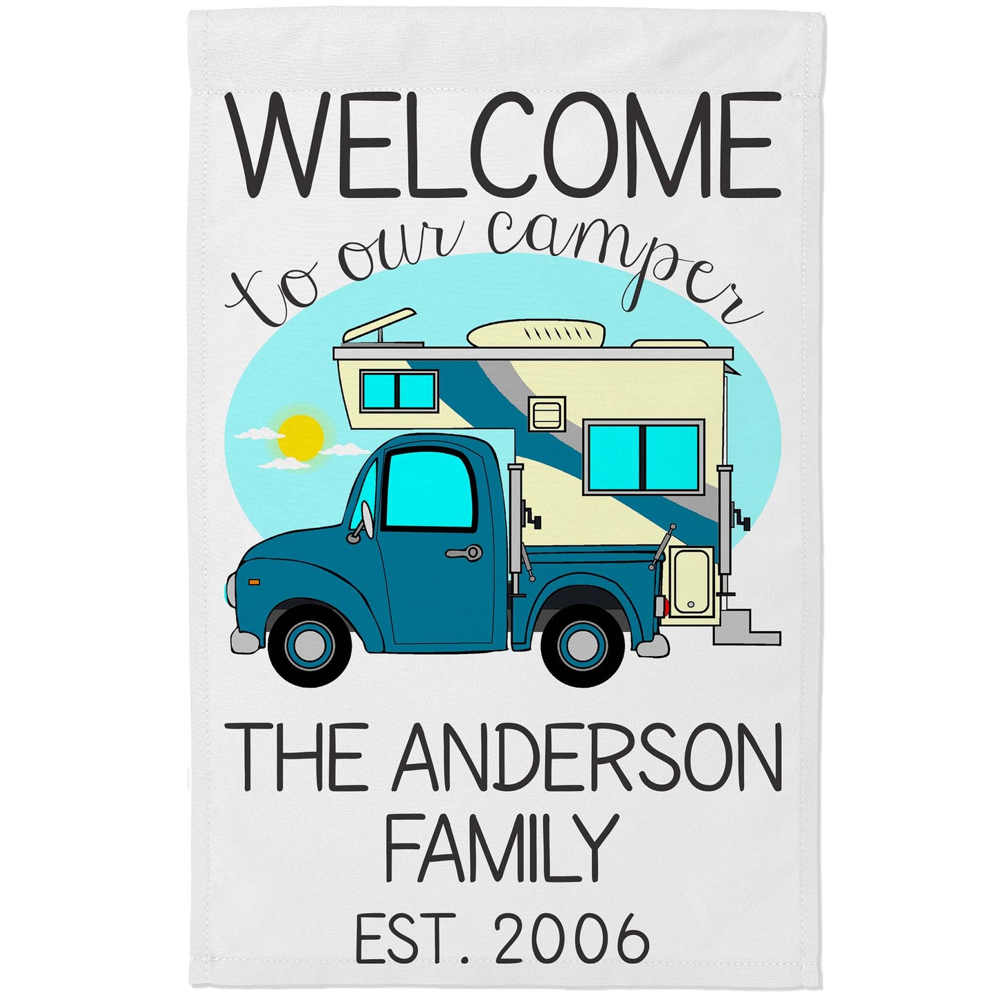 Welcome to Our Camper Personalized Camping Flag with Truck and Camper White Fabric