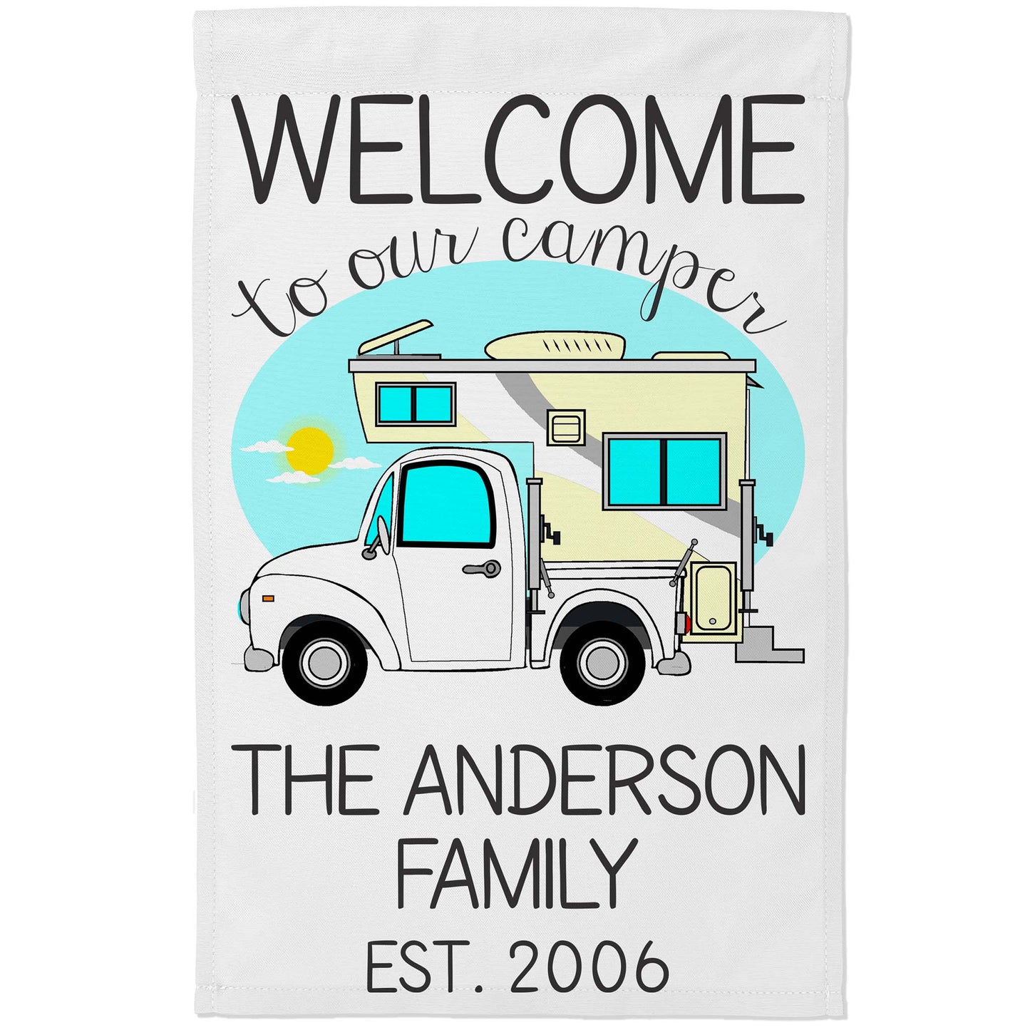 Welcome to Our Camper Personalized Camping Flag with Truck and Camper White Fabric