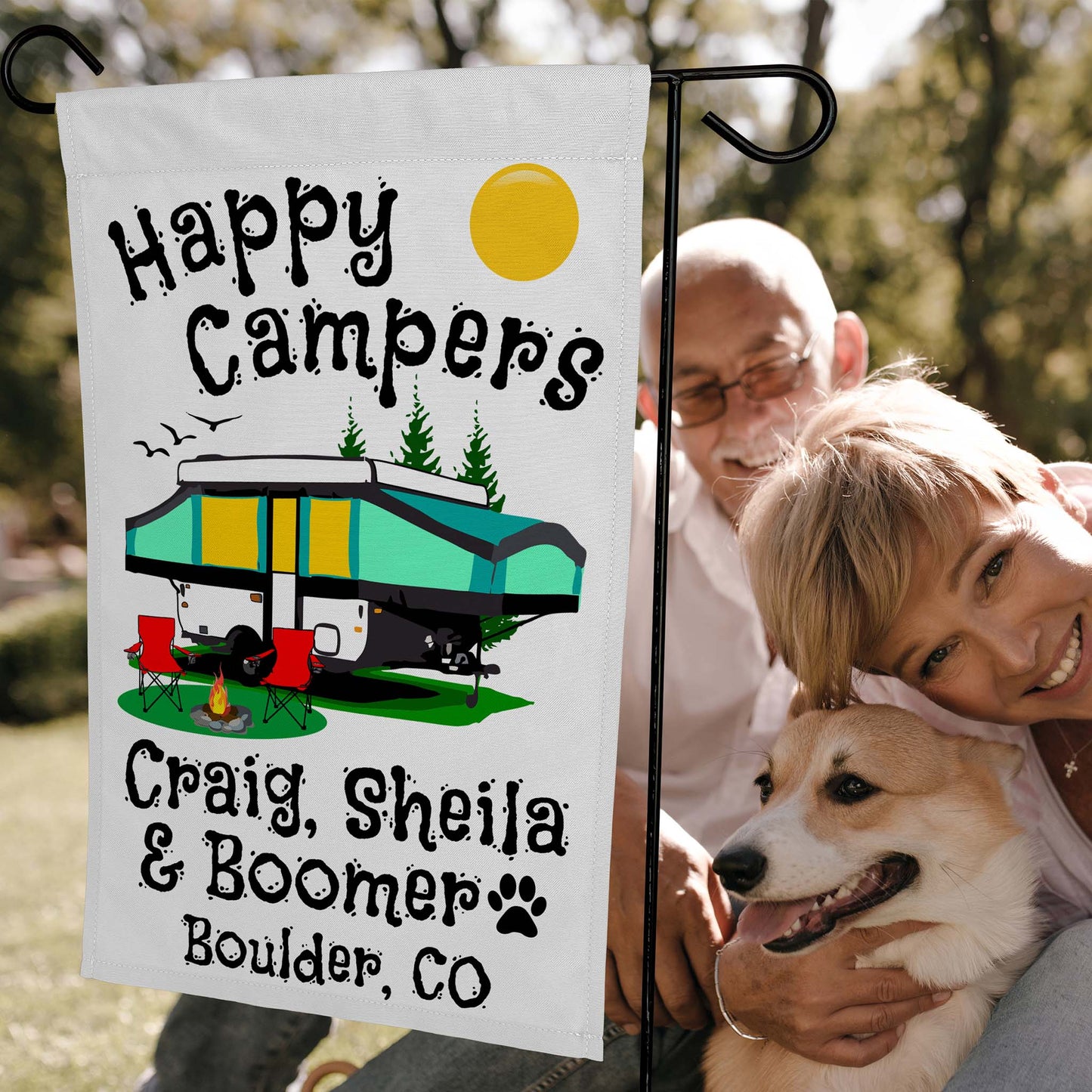 Happy Campers Personalized Camping Flag With Pop Up Camper on White Fabric