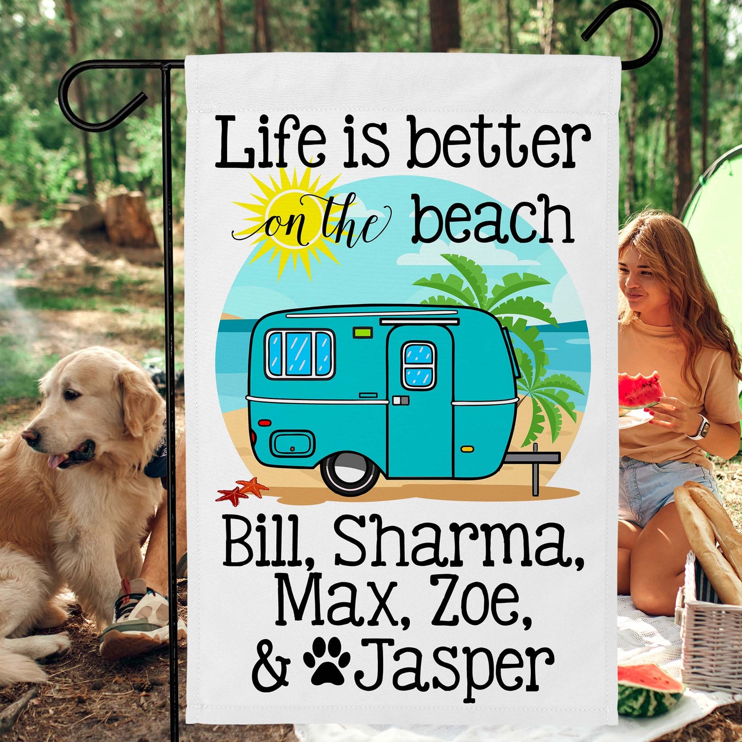 Life is Better on The Beach Personalized Camping Flag with Vintage Travel Trailer