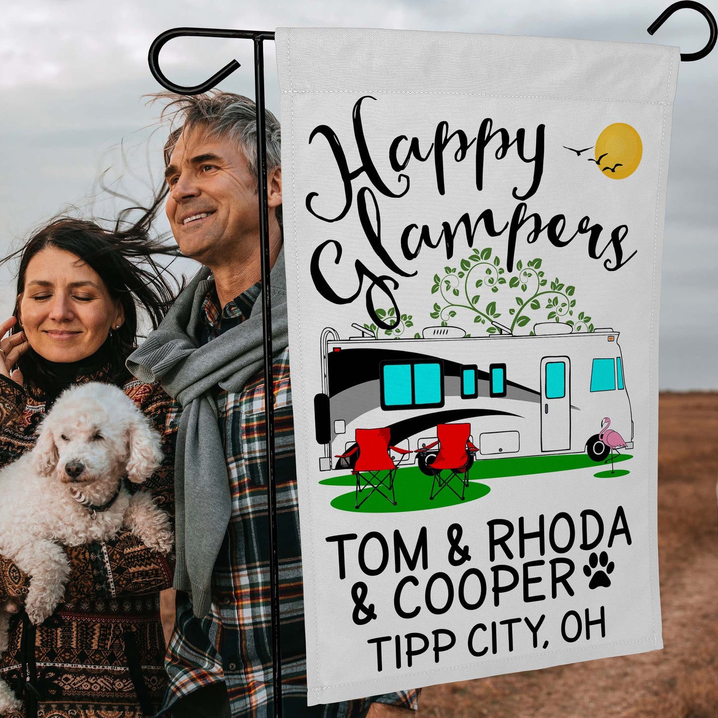 Happy Glampers Personalized Camping Flag with Class A Motorhome