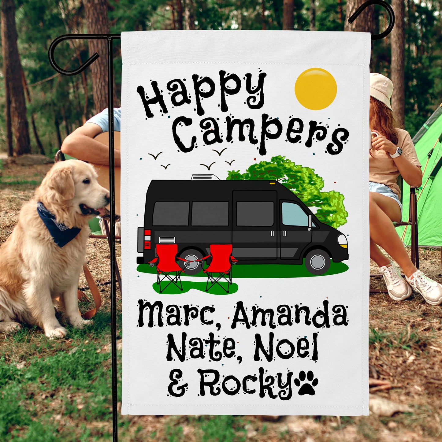 Happy Campers Personalized Camping Flag with Class B Camper Van Motorhome on White Fabric
