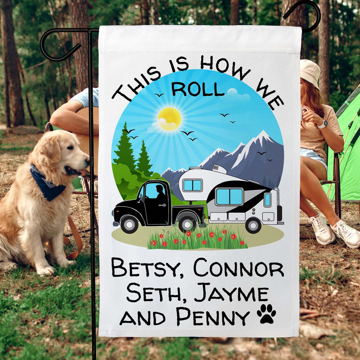 This is How We Roll Personalized Truck and 5th Wheel Camping Flag on White Fabric