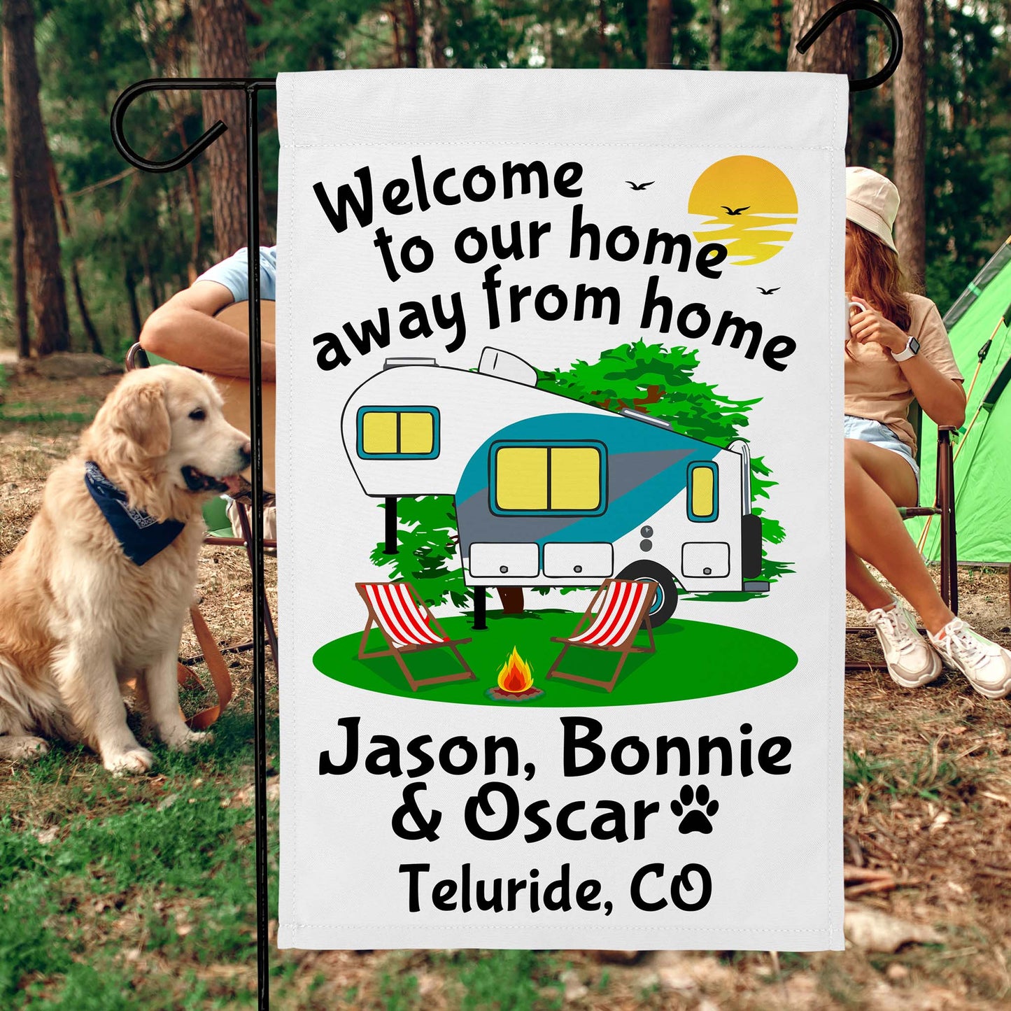 Welcome to Our Home Away from Home Personalized 5th Wheel Campsite Flag