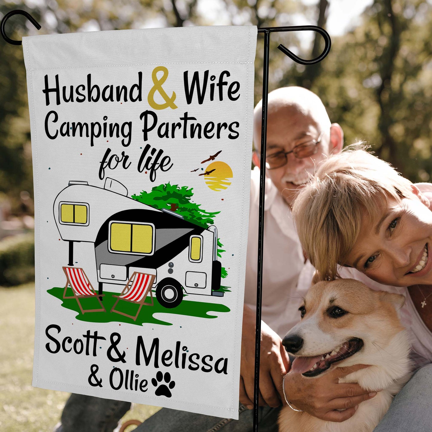 Husband & Wife Camping Partners for Life Personalized Camping Flag with 5th Wheel