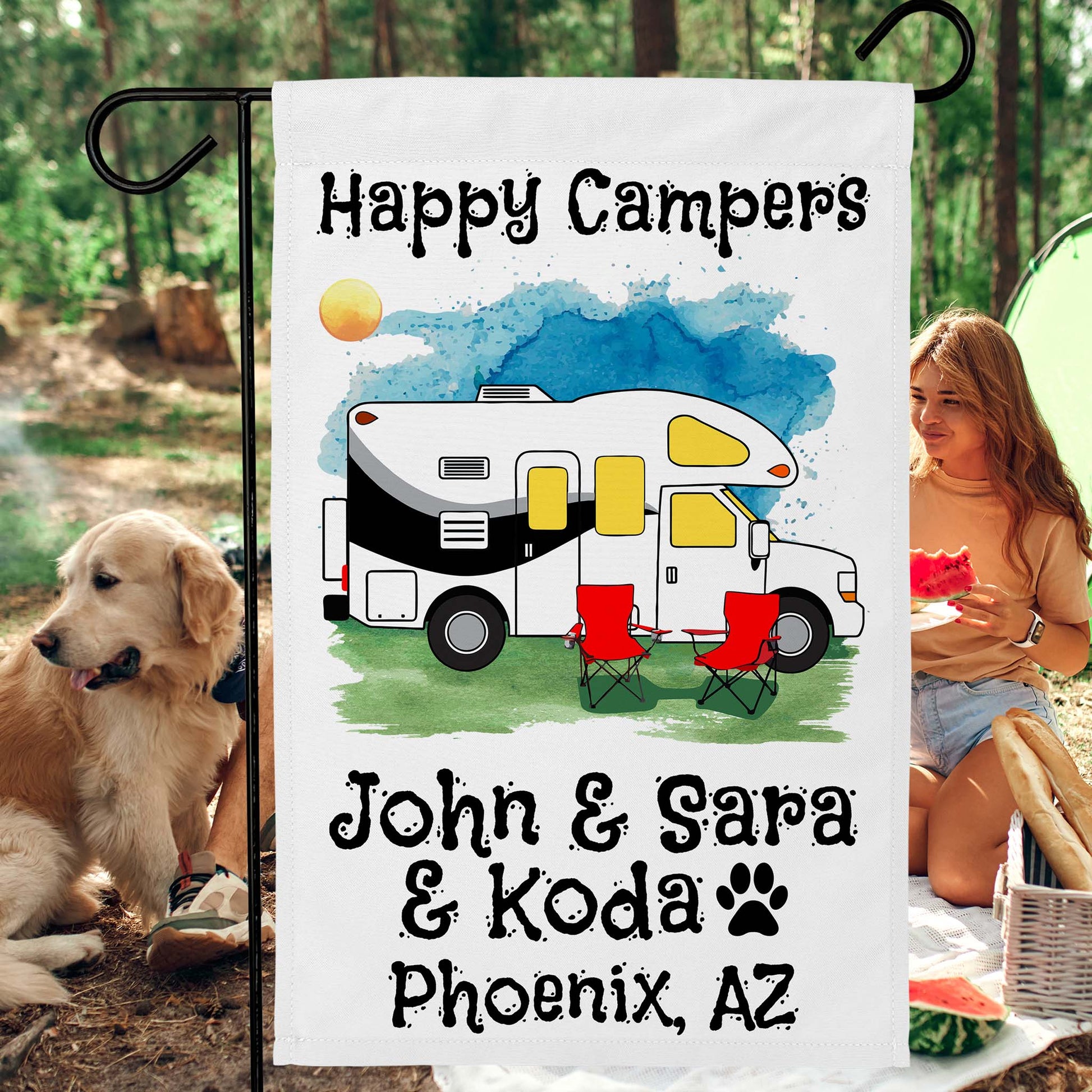 Happy Campers Personalized Water Color Camping Flag with Class C Motorhome