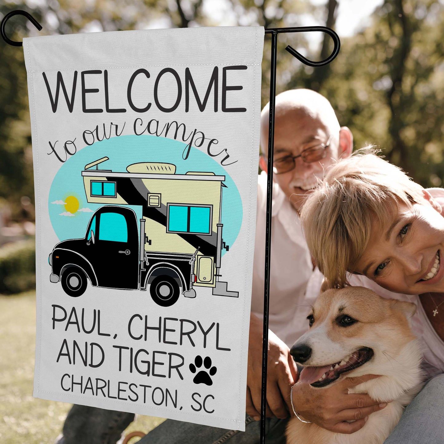 Welcome to Our Camper Personalized Camping Flag with Truck and Camper White Fabric