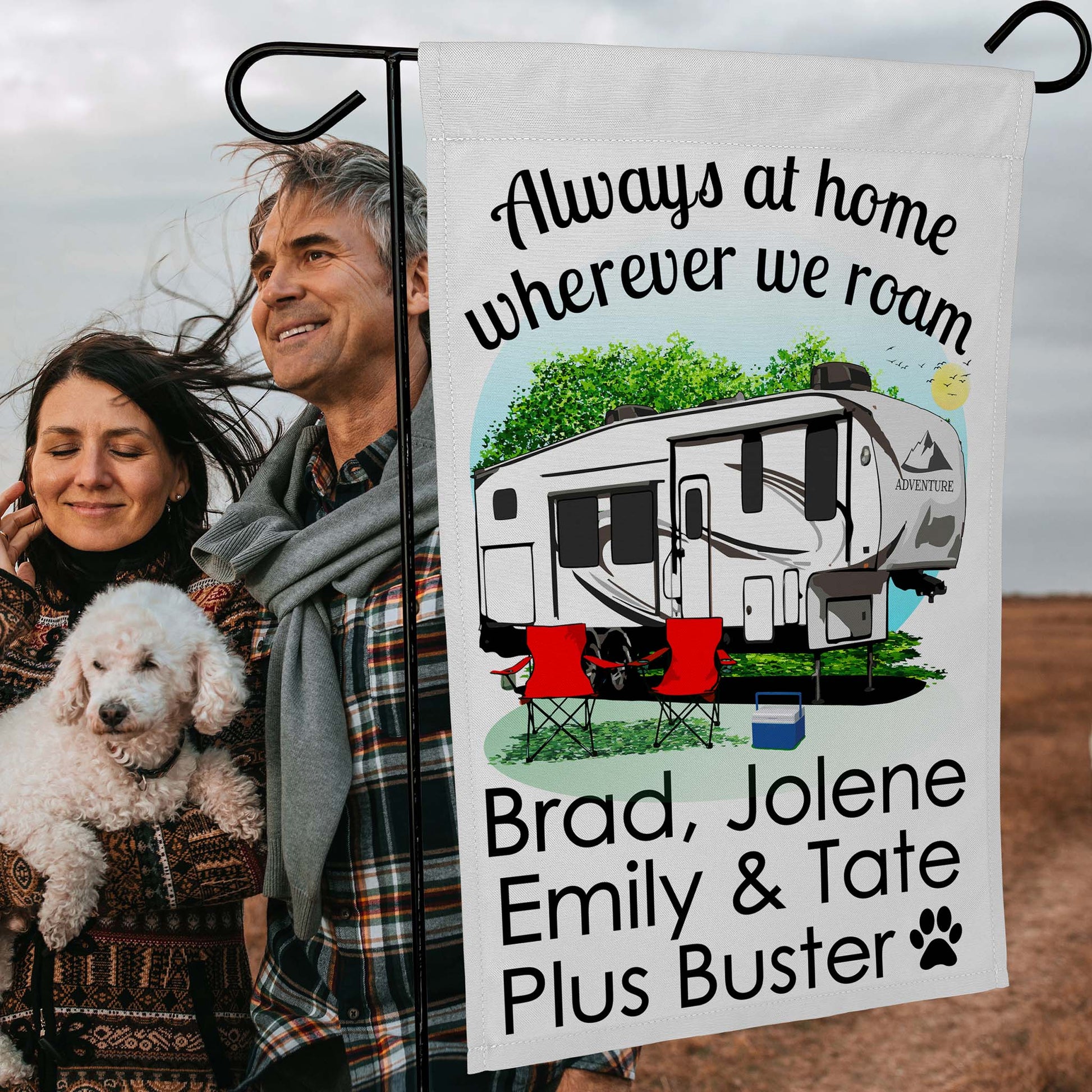 Always at Home Wherever We Roam Personalized Camping Flag with 5th Wheel Trailer on White Fabric