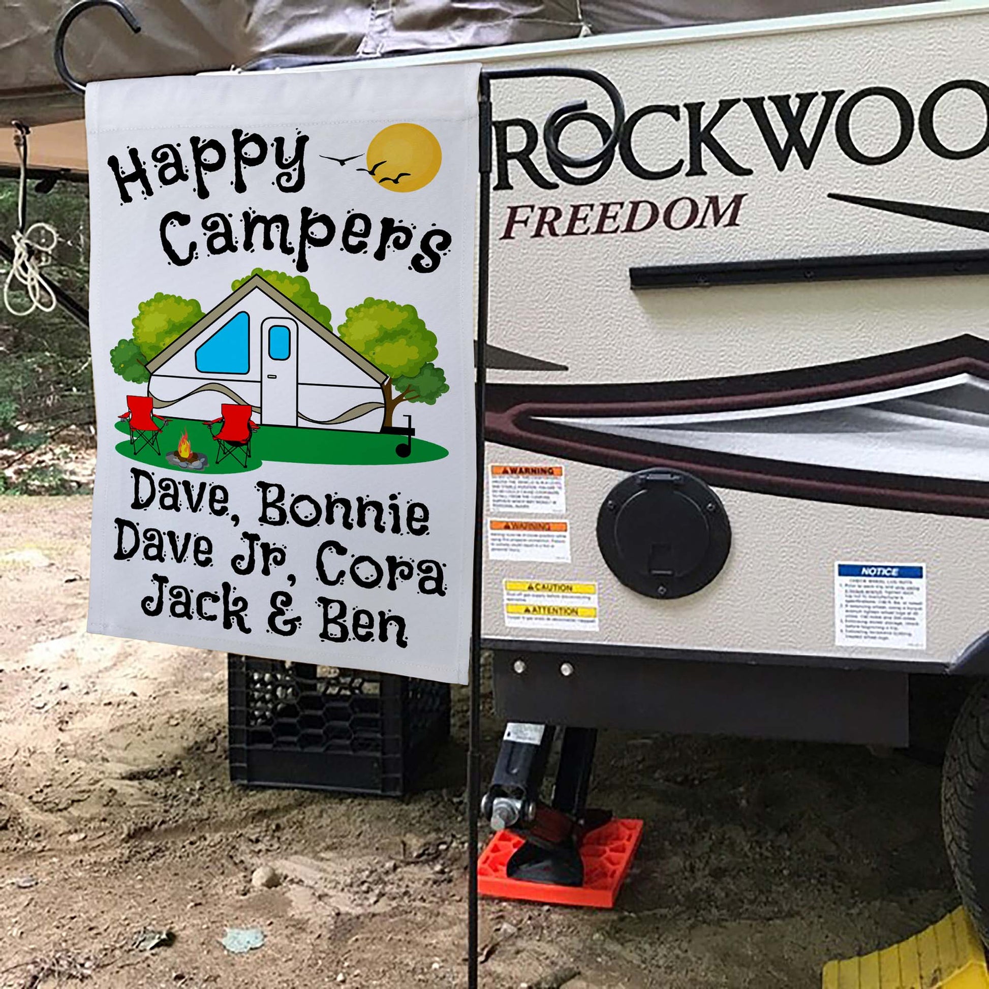 Happy Campers Personalized Camping Flag With Pop Up Camper on White Fabric