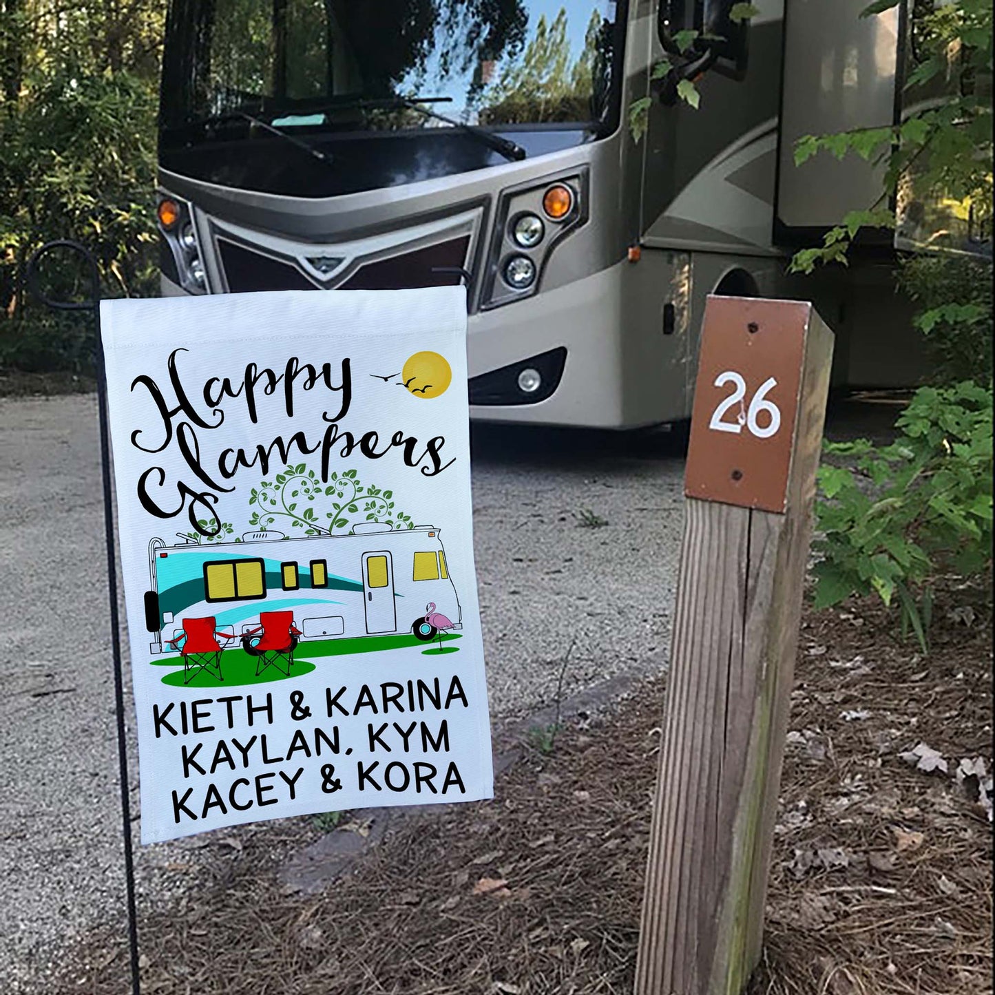 Happy Glampers Personalized Camping Flag with Class A Motorhome