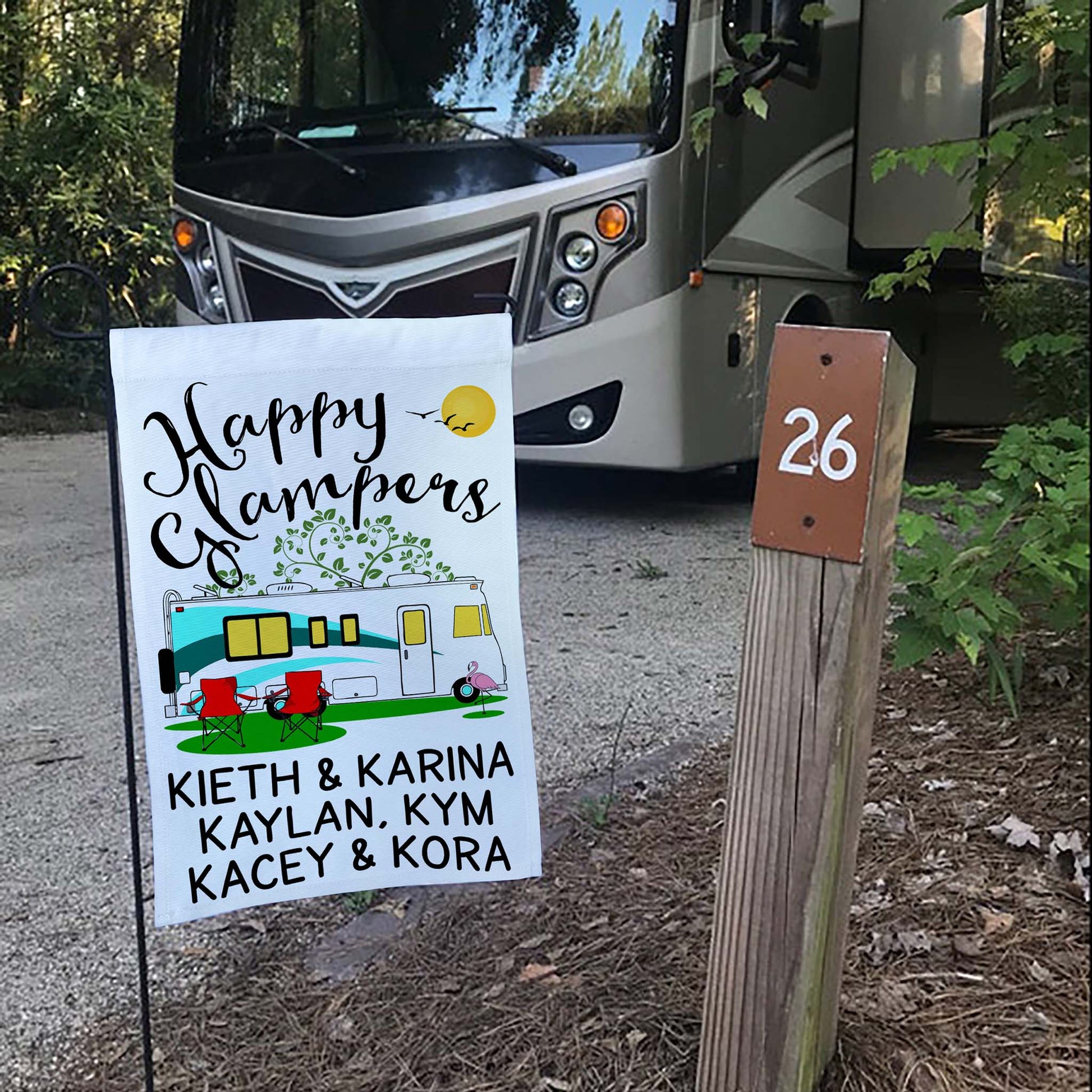 Happy Glampers Personalized Camping Flag with Class A Motorhome
