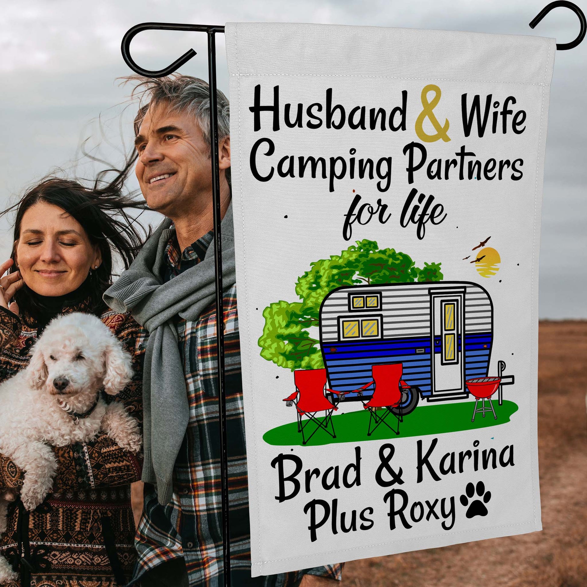Husband & Wife Camping Partners for Life Personalized Camping Flag with Travel Trailer