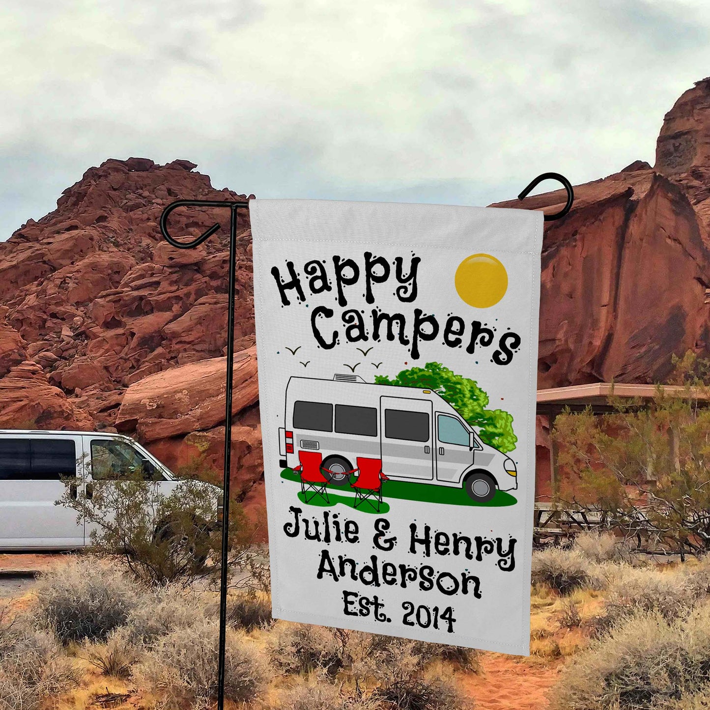 Happy Campers Personalized Camping Flag with Class B Camper Van Motorhome on White Fabric