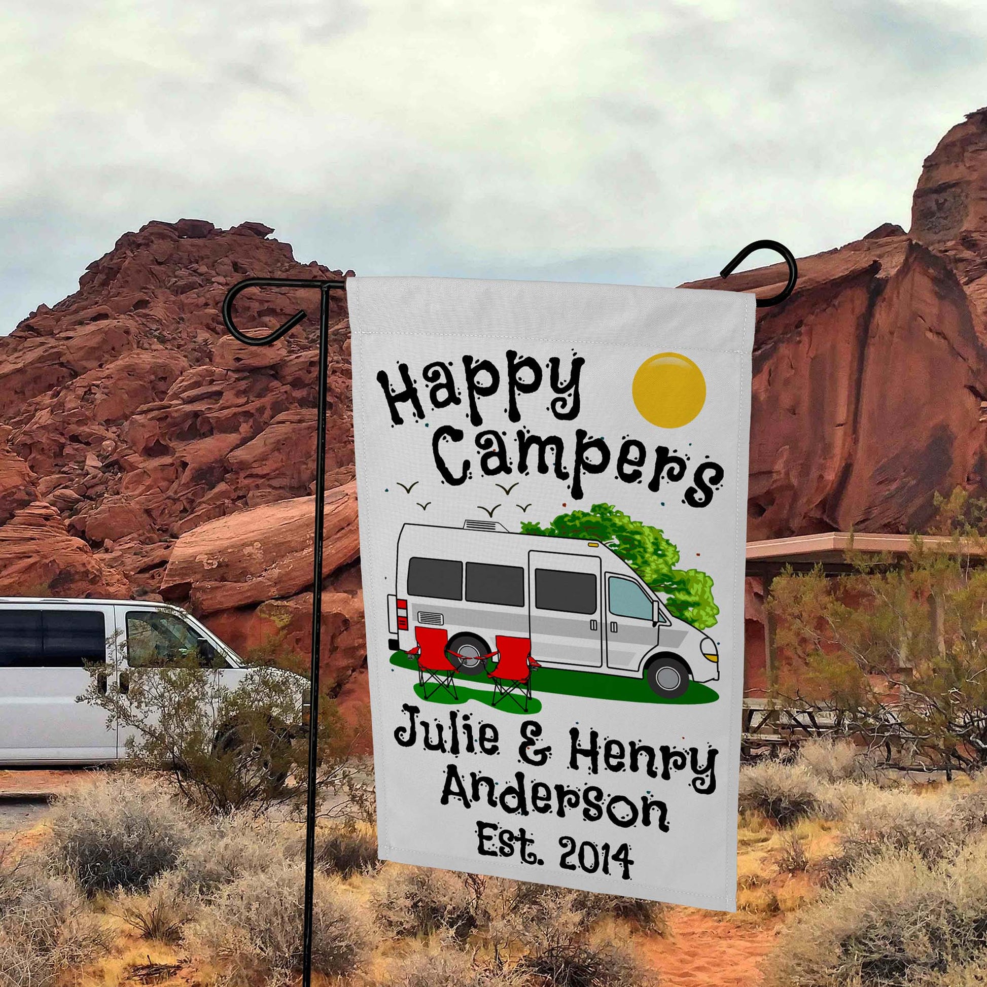 Happy Campers Personalized Camping Flag with Class B Camper Van Motorhome on White Fabric