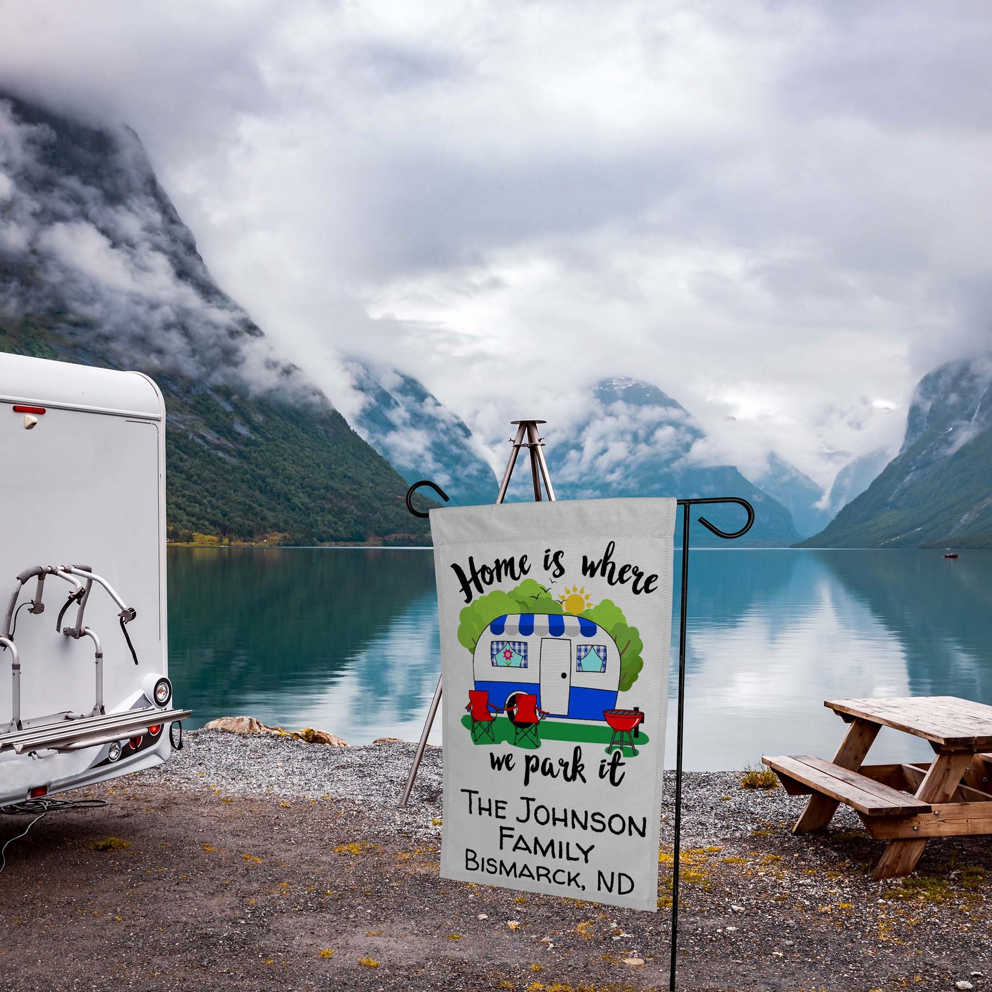 Home is Where We Park It Personalized Camping Flag with Vintage Camper