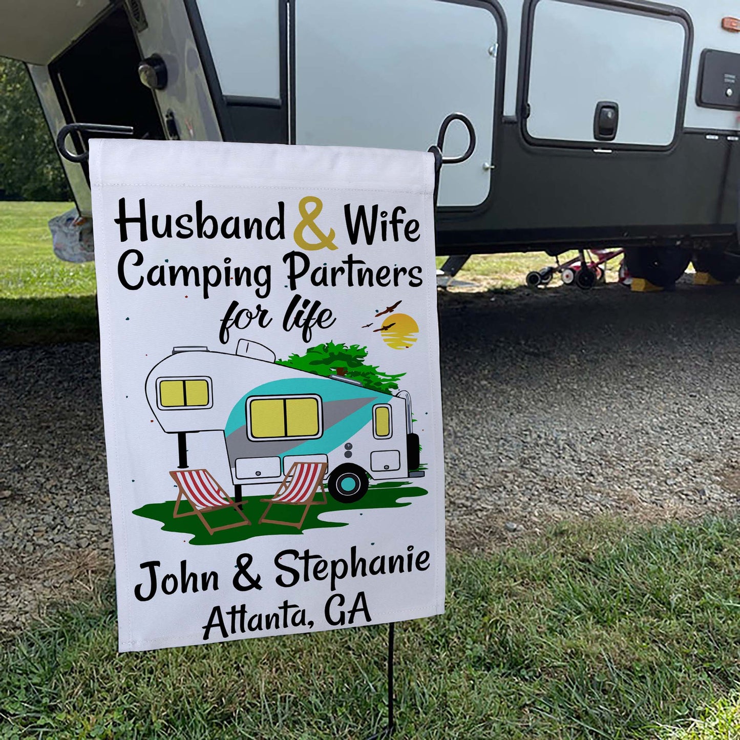 Husband & Wife Camping Partners for Life Personalized Camping Flag with 5th Wheel